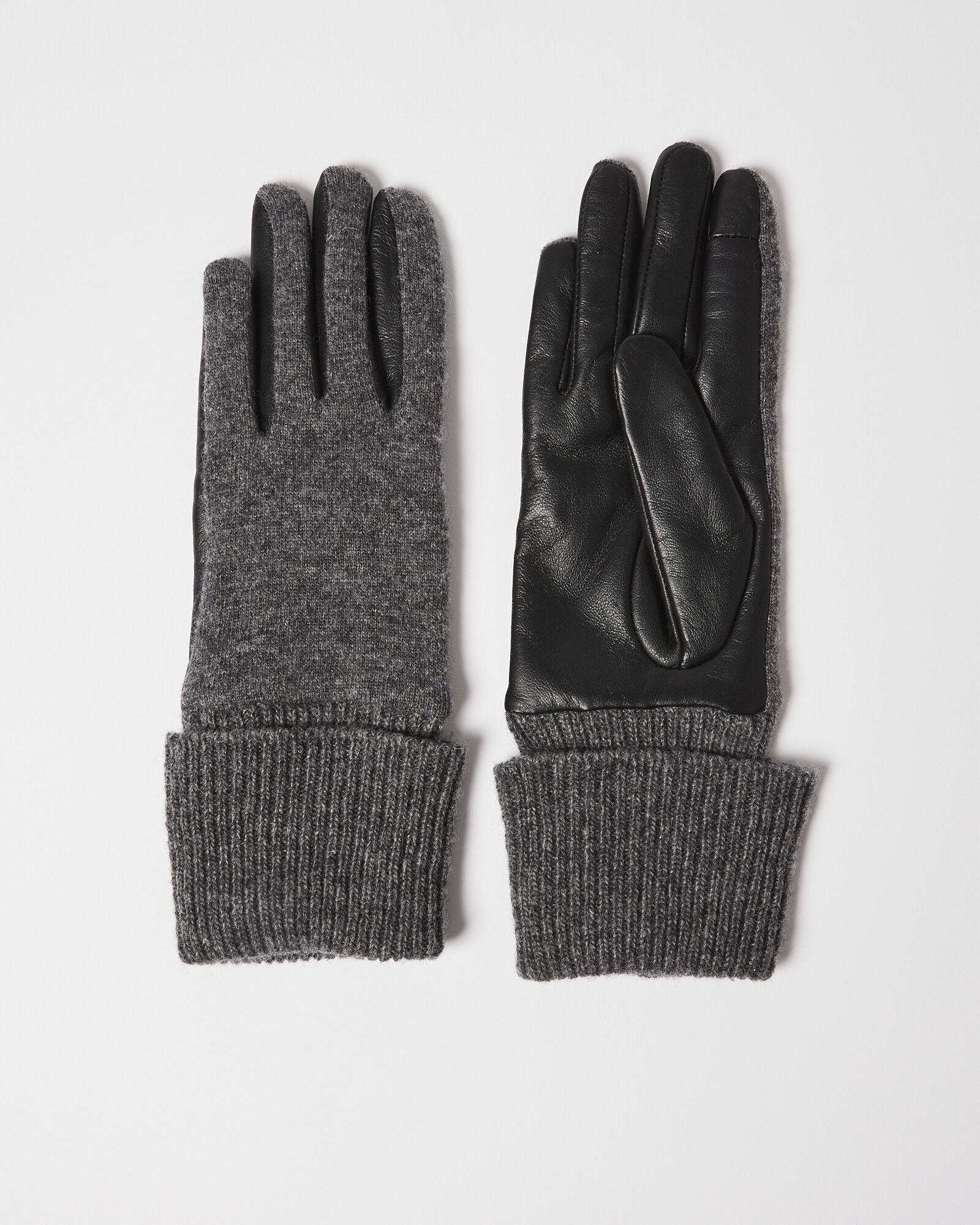 Ribbed Cuff Grey Wool Blend & Black Leather Gloves | Oliver Bonas