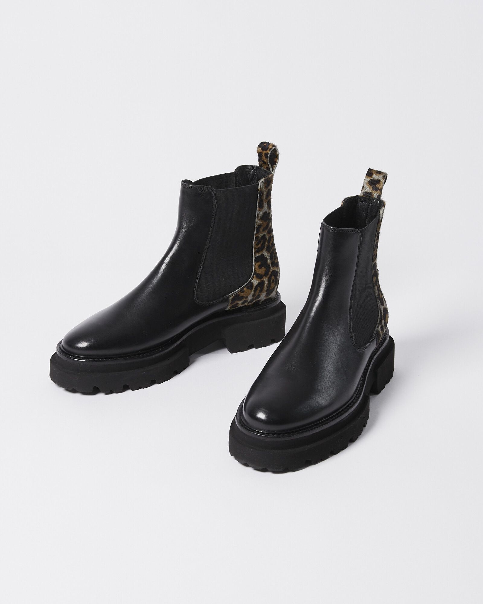 Textured Leopard Print & Black Leather Chunky Ankle Boots | Oliver Bonas