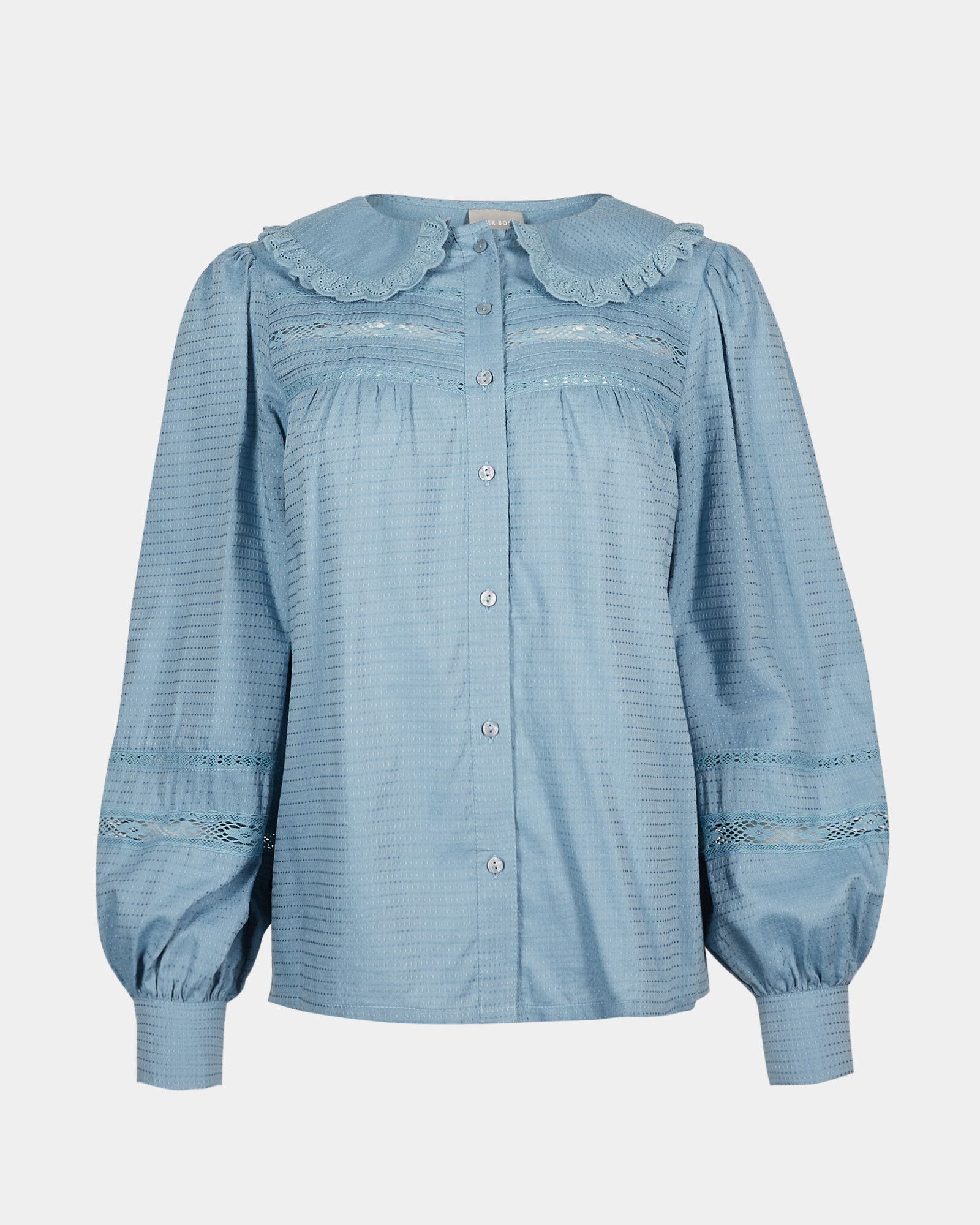 Lace Detail & Frill Collar Blue Shirt | Oliver Bonas