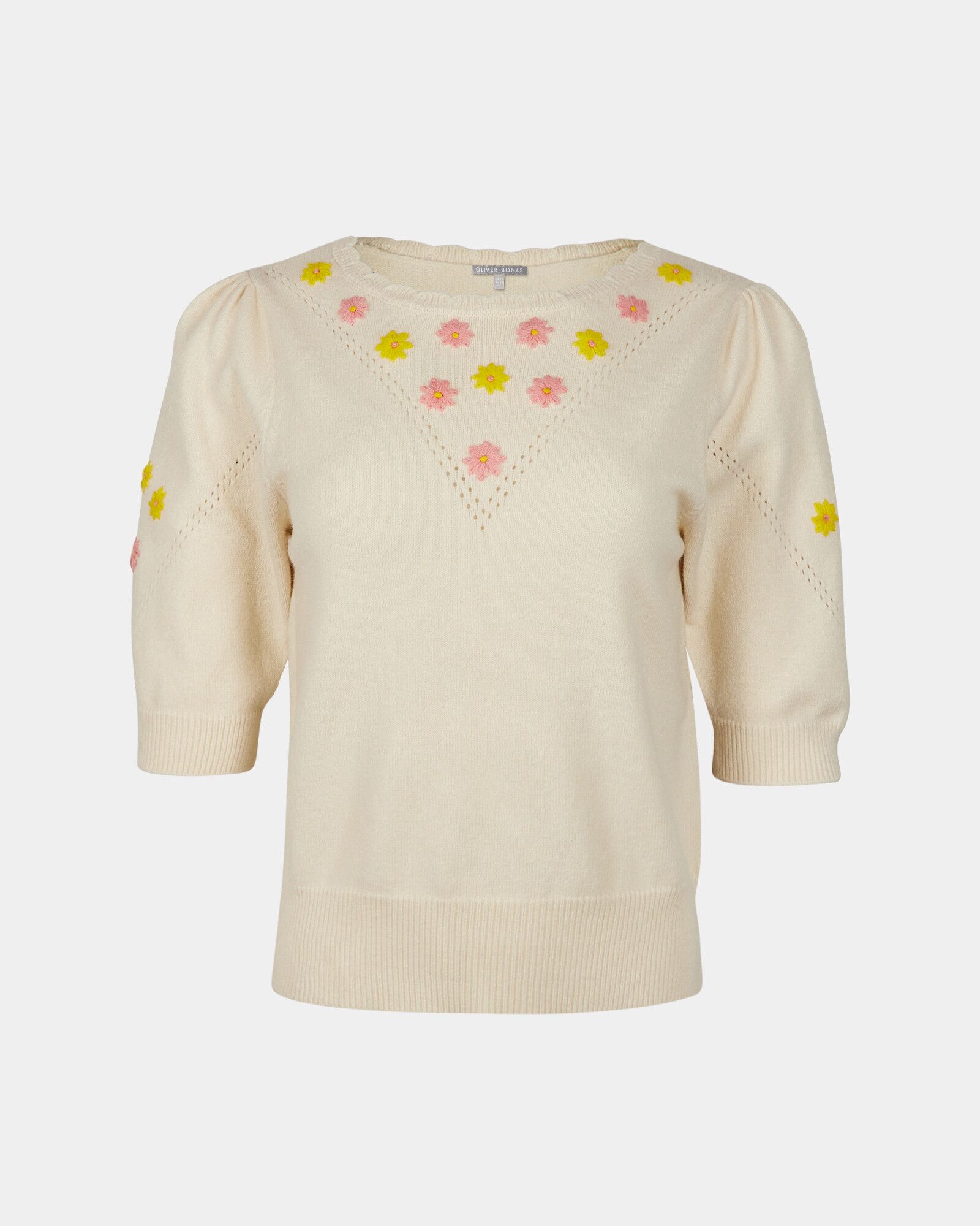 Embroidered Floral & Pointelle Stitch White Knitted Top | Oliver Bonas