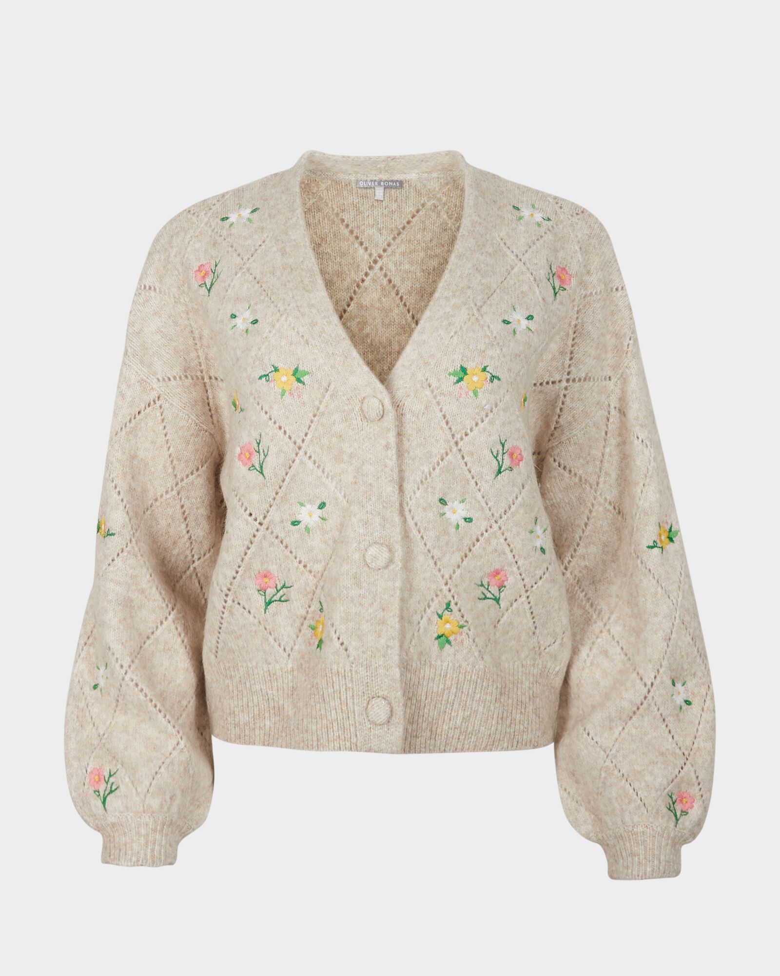 Floral Embroidered & Pointelle Detail Brown Knitted Cardigan | Oliver Bonas
