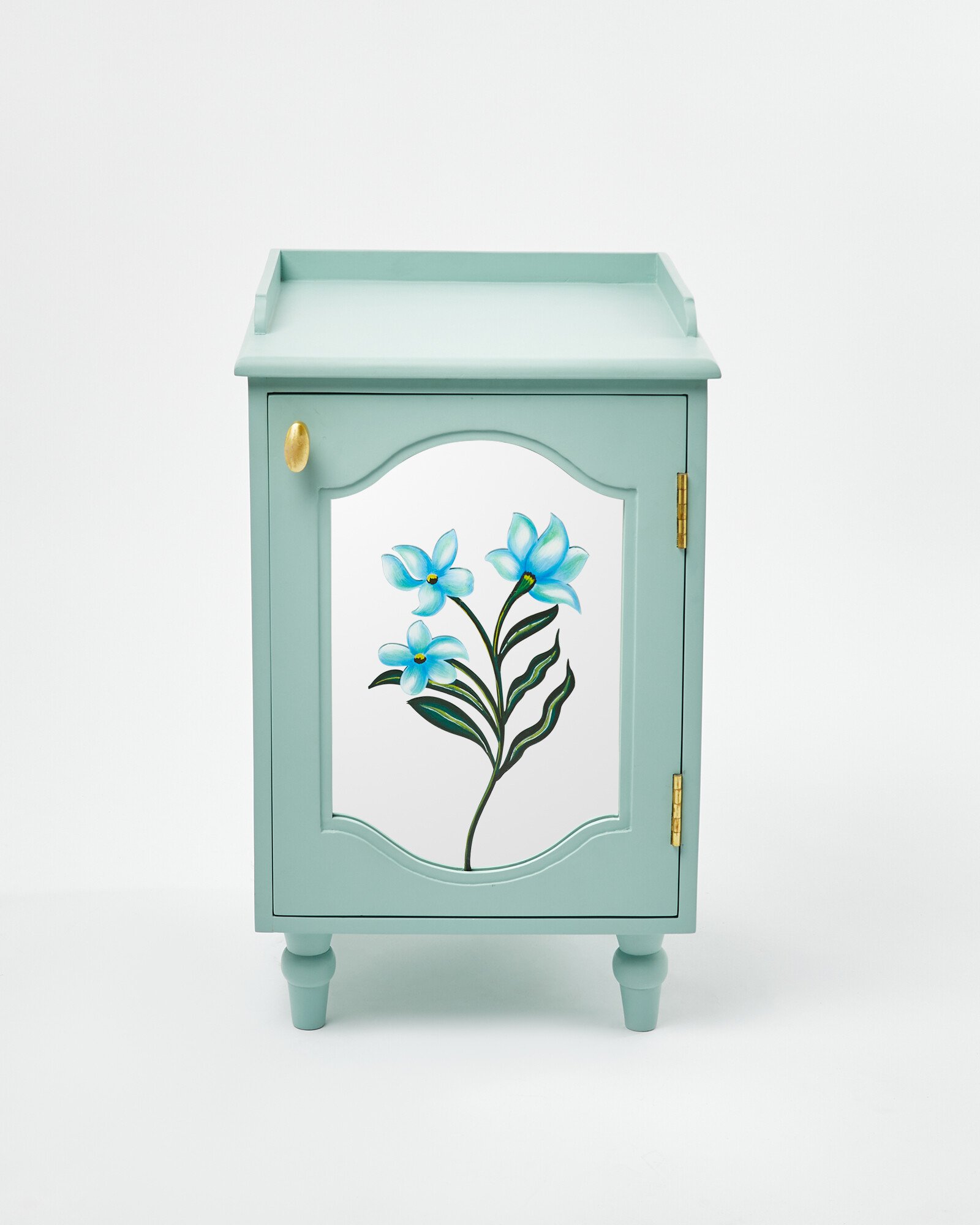 Olina Painted Flower Sage Green Mirrored Bedside Table Oliver Bonas
