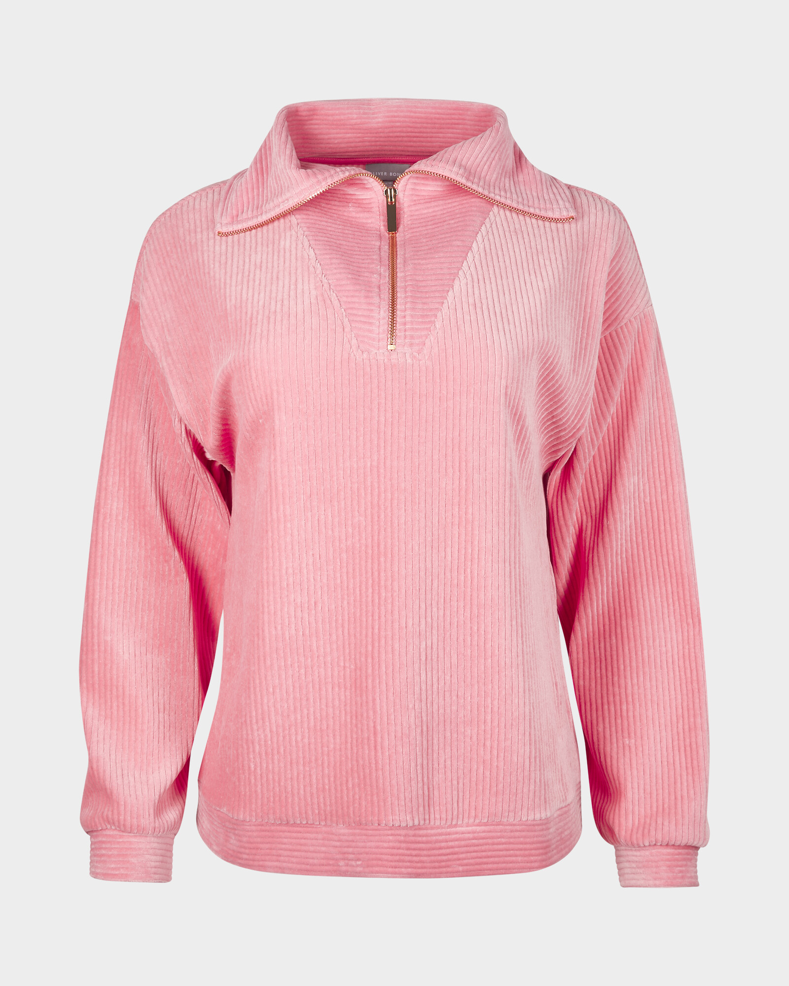 Velour Ribbed Zip Through Pink Long Sleeve Top Oliver Bonas