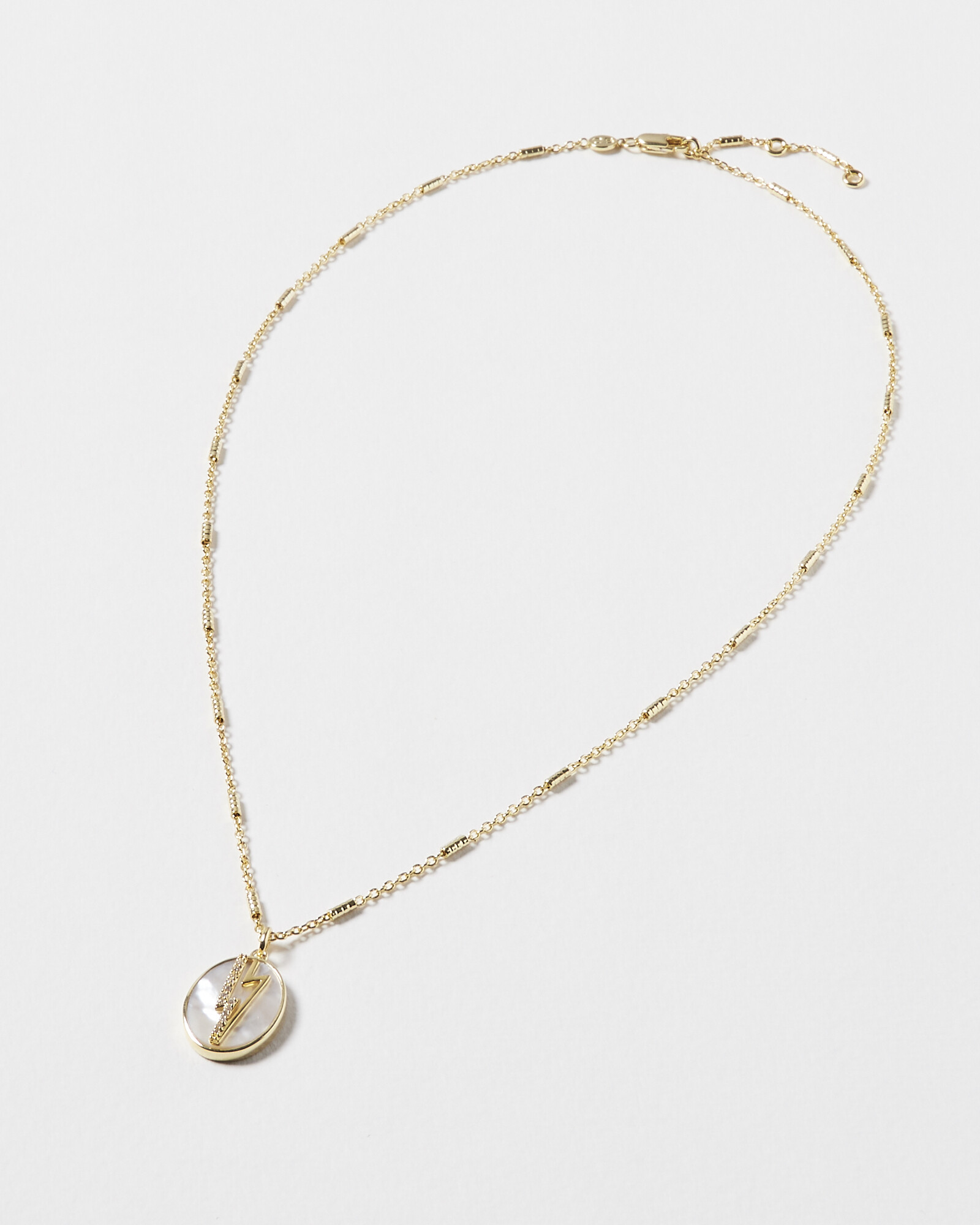 Lightning Bolt & Oval Mother of Pearl Gold Plated Pendant Necklace