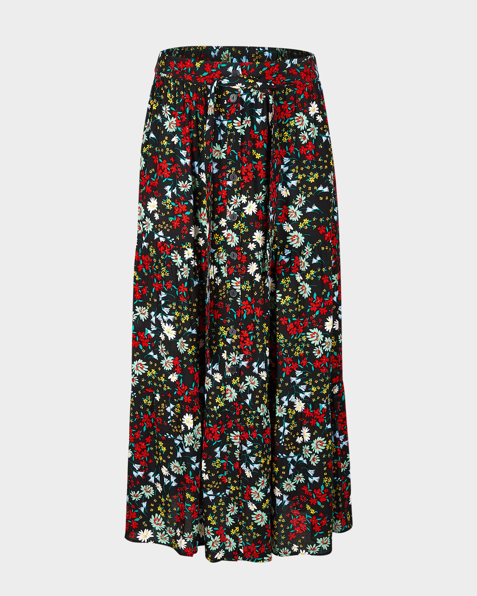 Floral Print Black Button Through Midi Skirt | Oliver Bonas