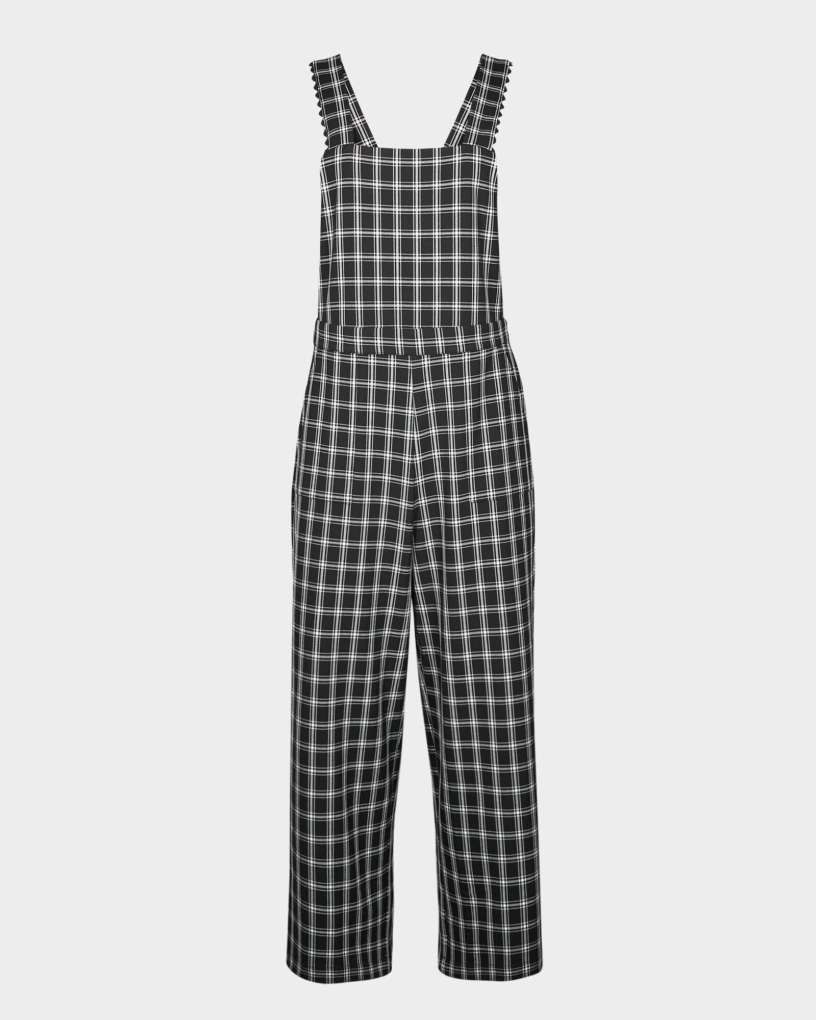 Checked Woven & Lace Trim Black Dungaree Jumpsuit | Oliver Bonas