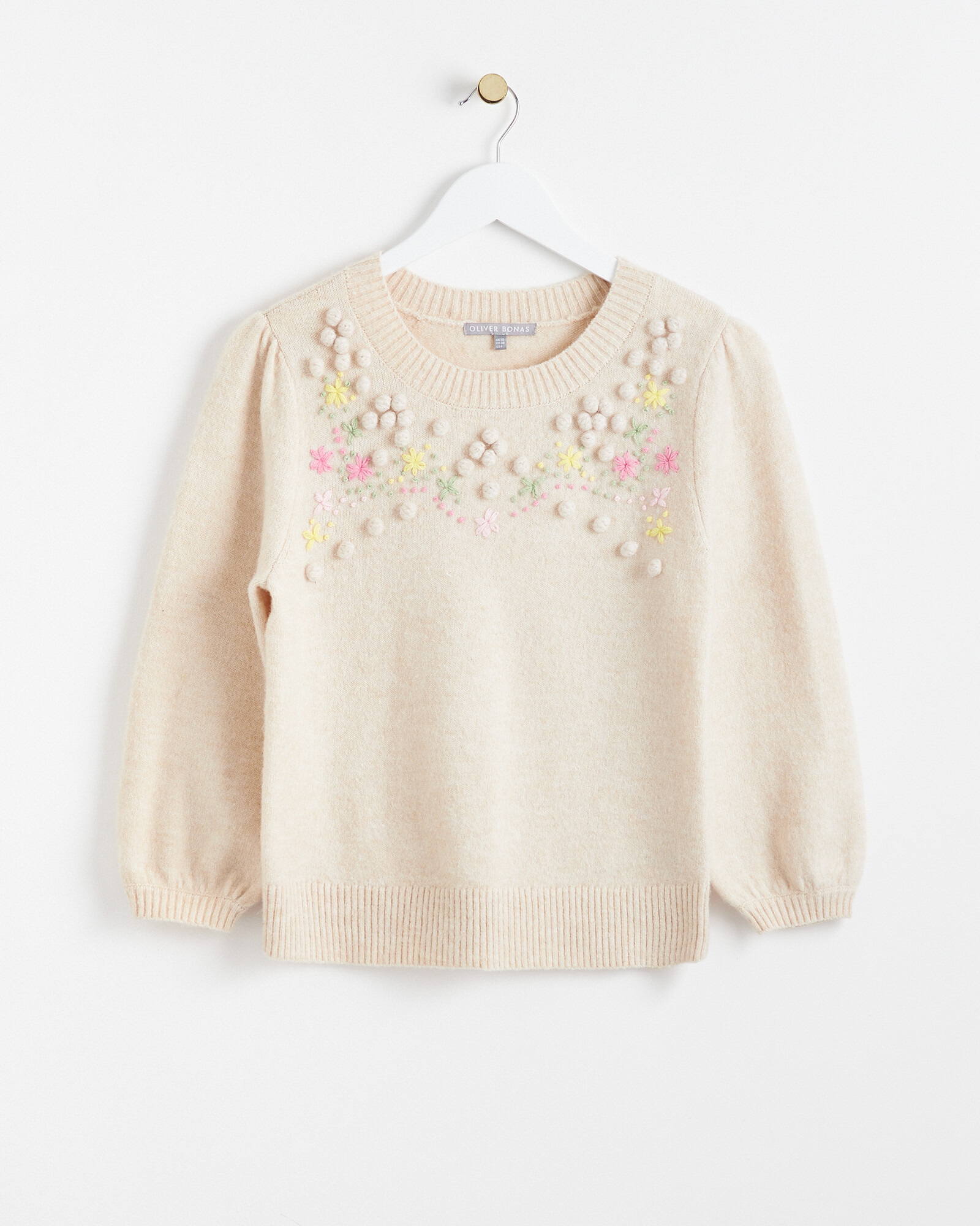 Bobble Detail & Embroidered Flower White Knitted Jumper Oliver Bonas