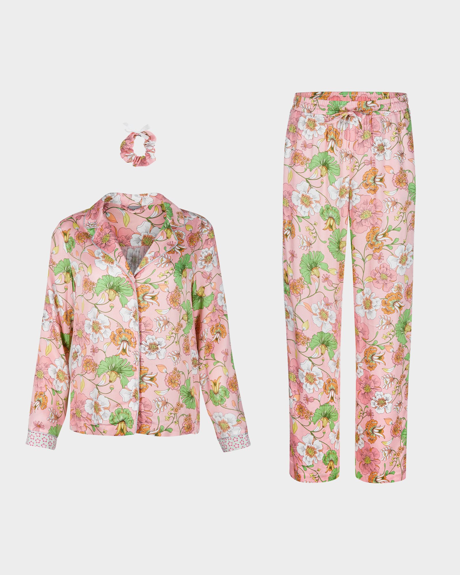 Razzle Dazzle Floral Print Shirt, Trousers & Scrunchie Pink Pyjama Set |  Oliver Bonas
