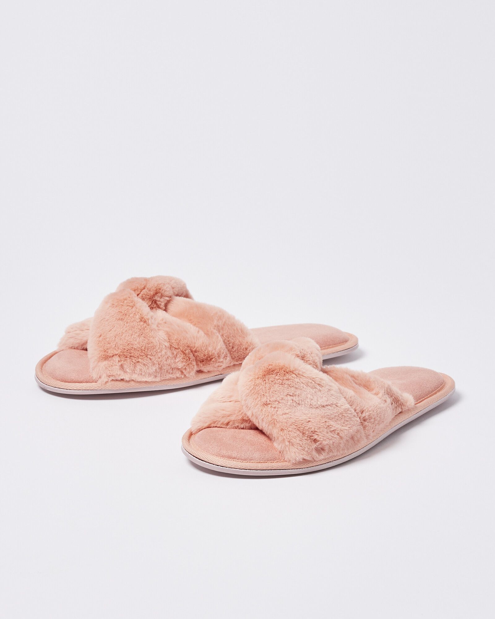 Bright Coral Faux Fur Knotted Slippers | Oliver Bonas