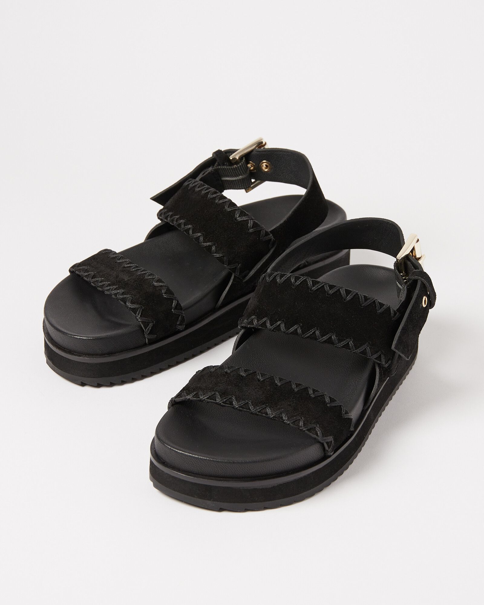 Whipstitch Black Suede Leather Flatform Sandals | Oliver Bonas