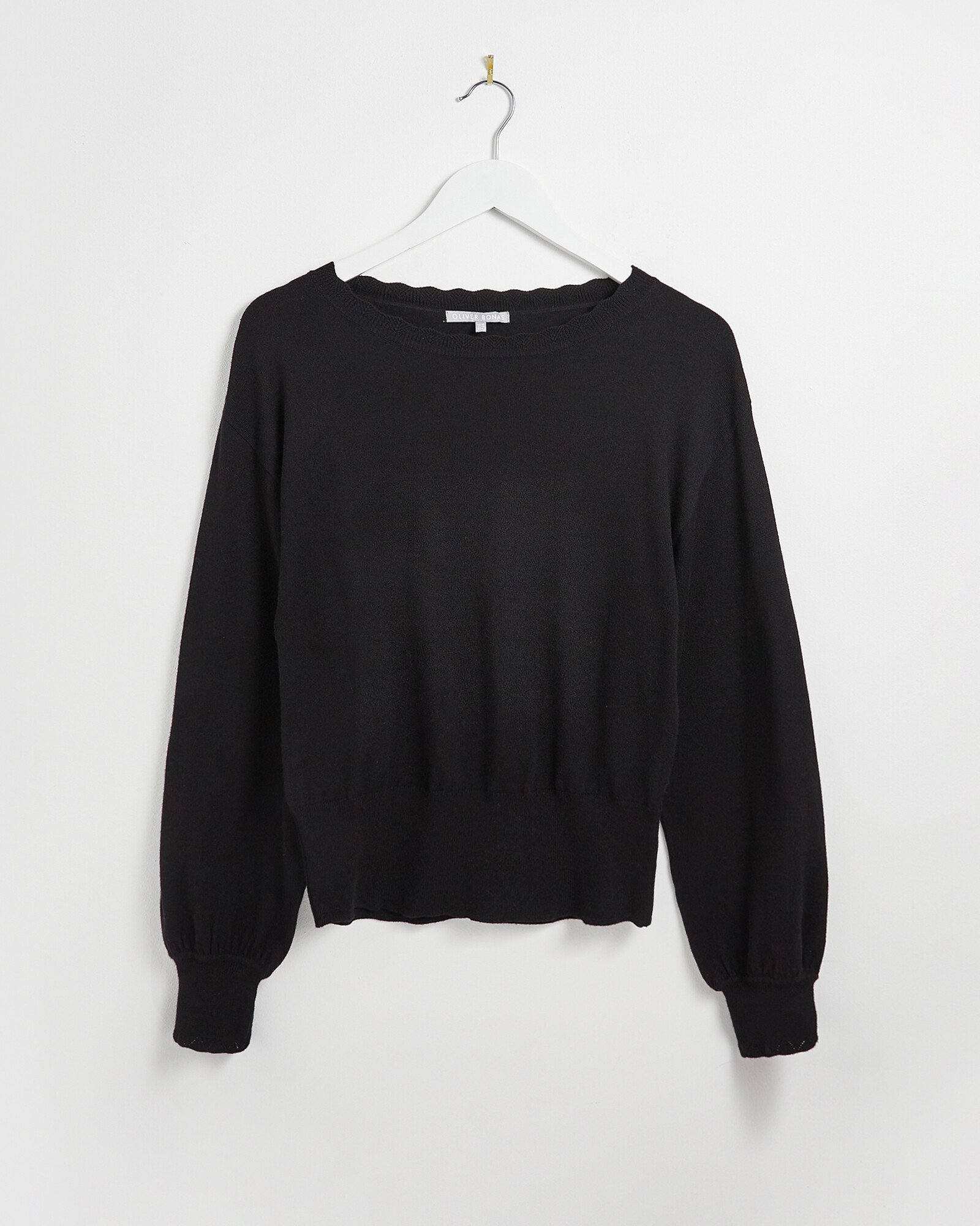 Volume Sleeve & Stitch Detail Cuff Black Knitted Jumper Oliver Bonas