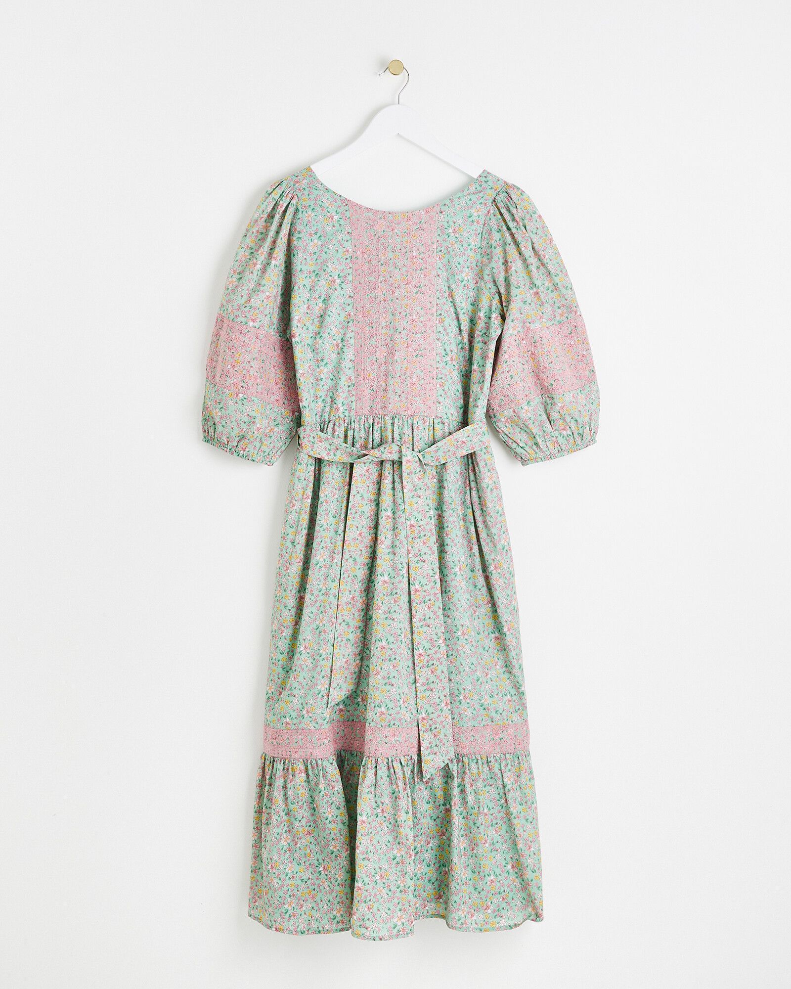 Embroidered Floral Print Green & Pink Midi Dress | Oliver Bonas
