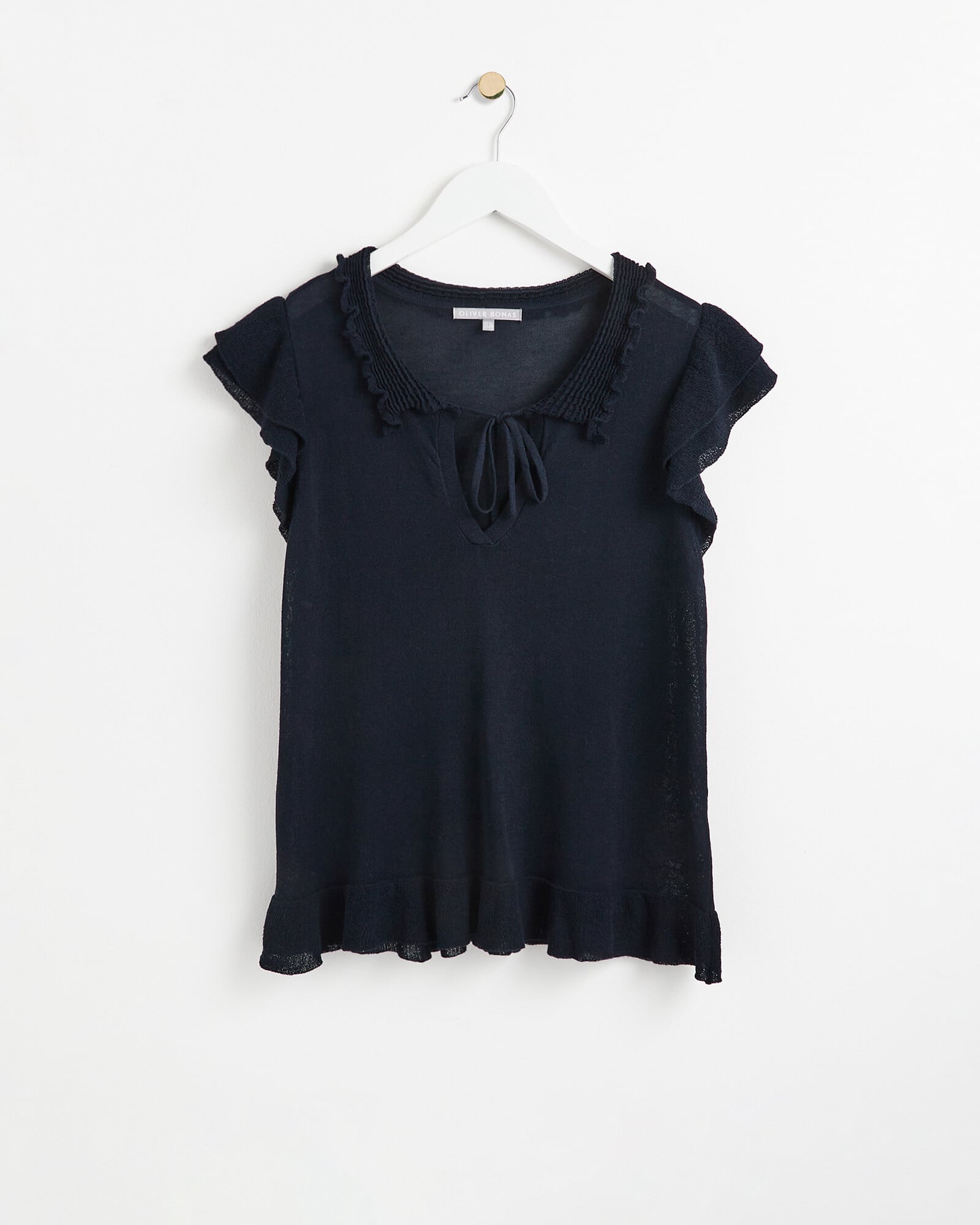 Ponny Navy Linen Blend Button Top