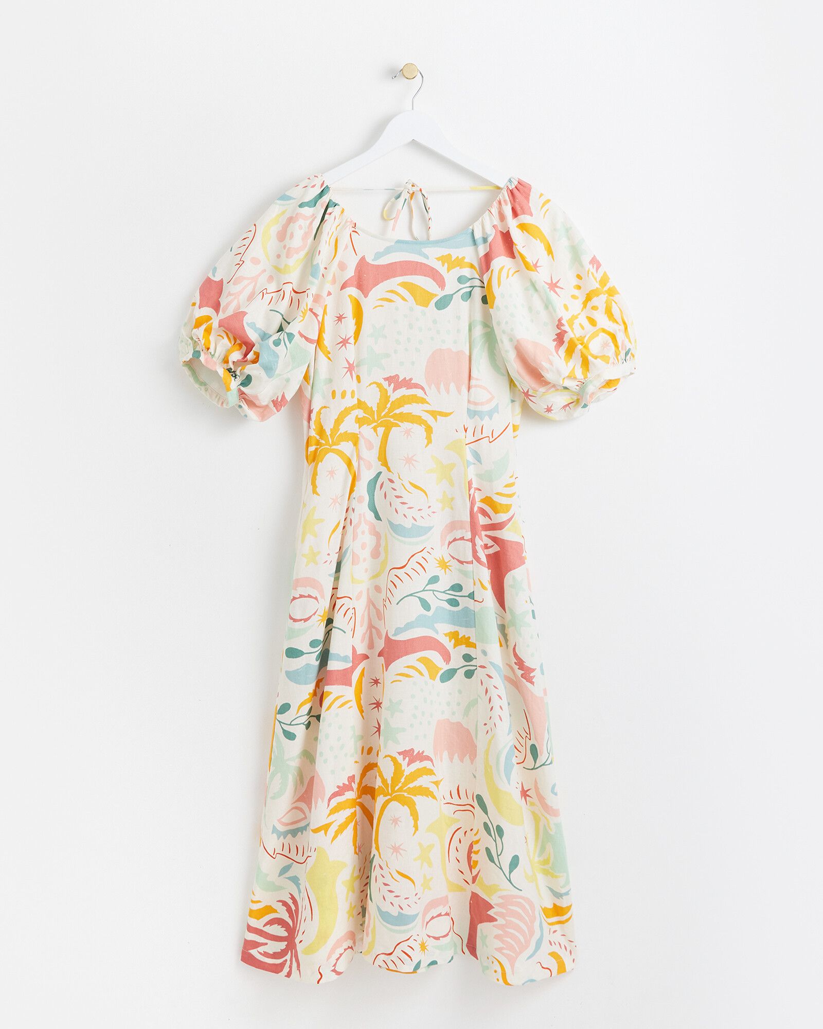 Abstract Palm Print White Linen Midi Dress | Oliver Bonas
