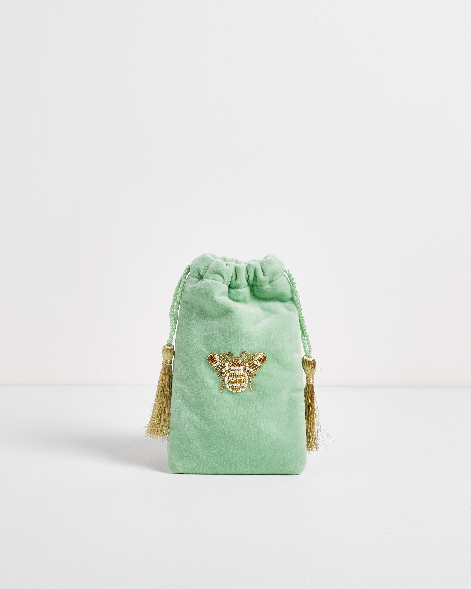 Beaded Bee Sparkle Mint Green Velvet Drawstring Glasses Case Oliver Bonas
