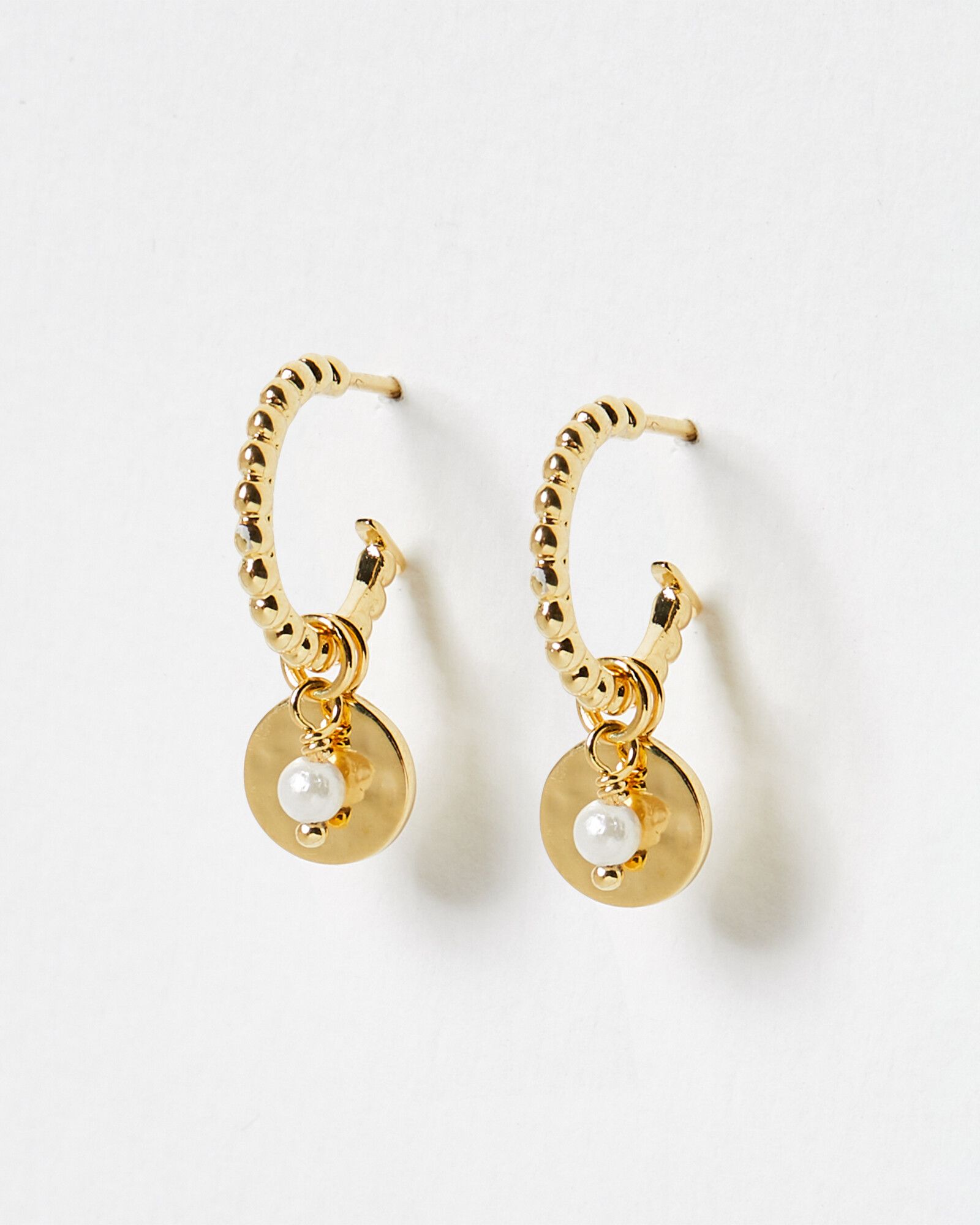Alvina Textured Disc & Pearl Gold Plated Hoop Earrings | Oliver Bonas