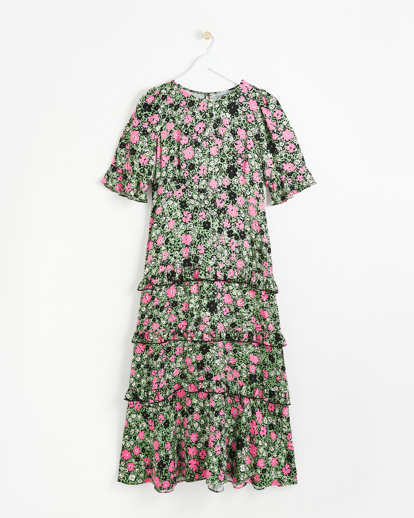 Daisy Print Green Tiered Midi Dress | Oliver Bonas