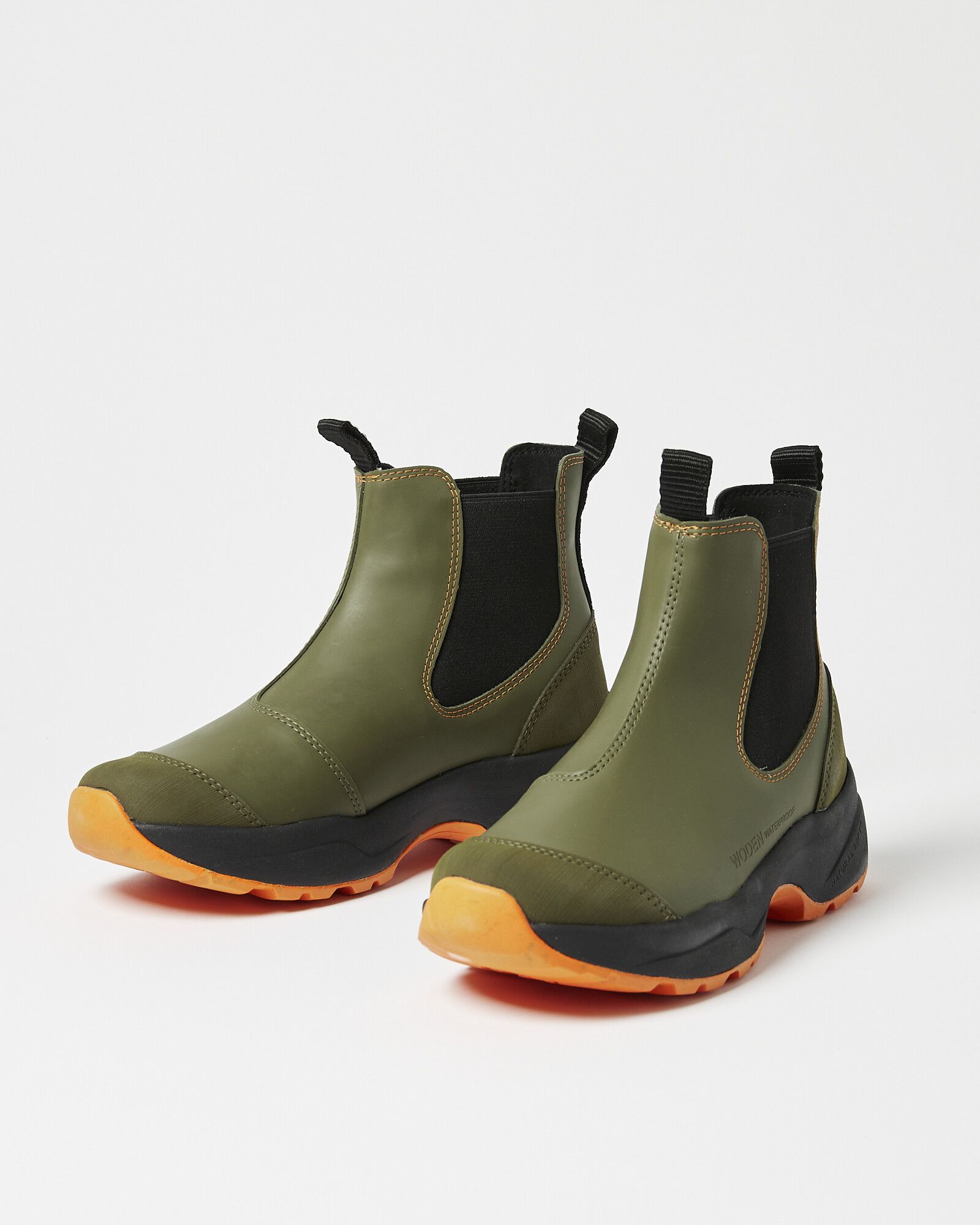 Woden Waterproof Green & Orange Rubber Boots | Oliver Bonas US