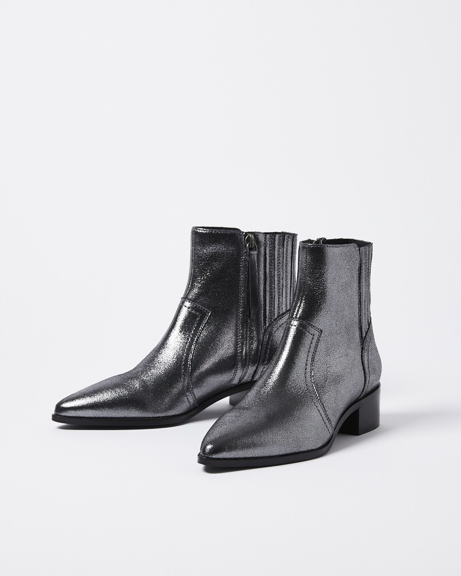 Metallic Silver Leather Western Ankle Boots | Oliver Bonas
