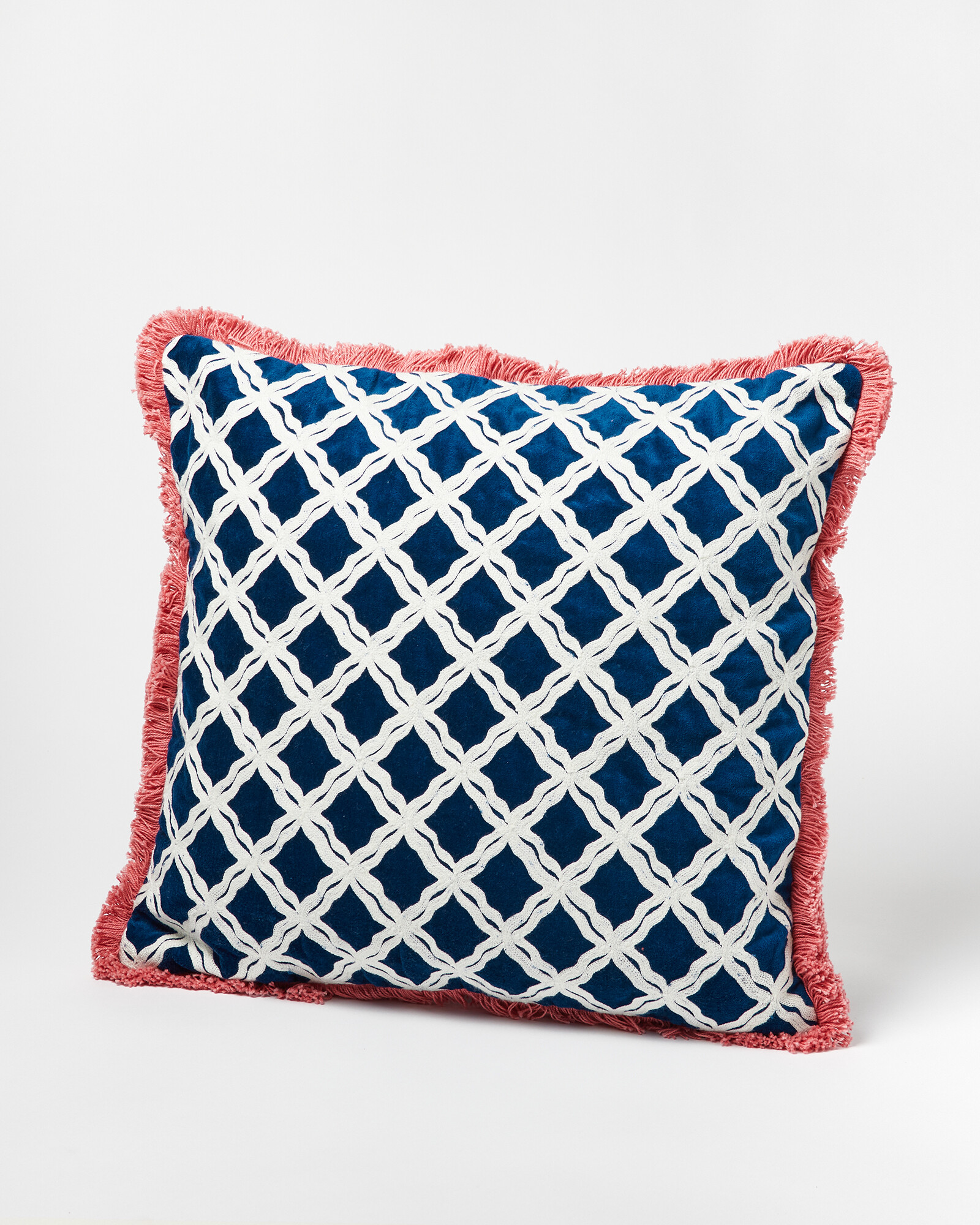 Diamond Fringed Blue Cotton Cushion Cover Oliver Bonas