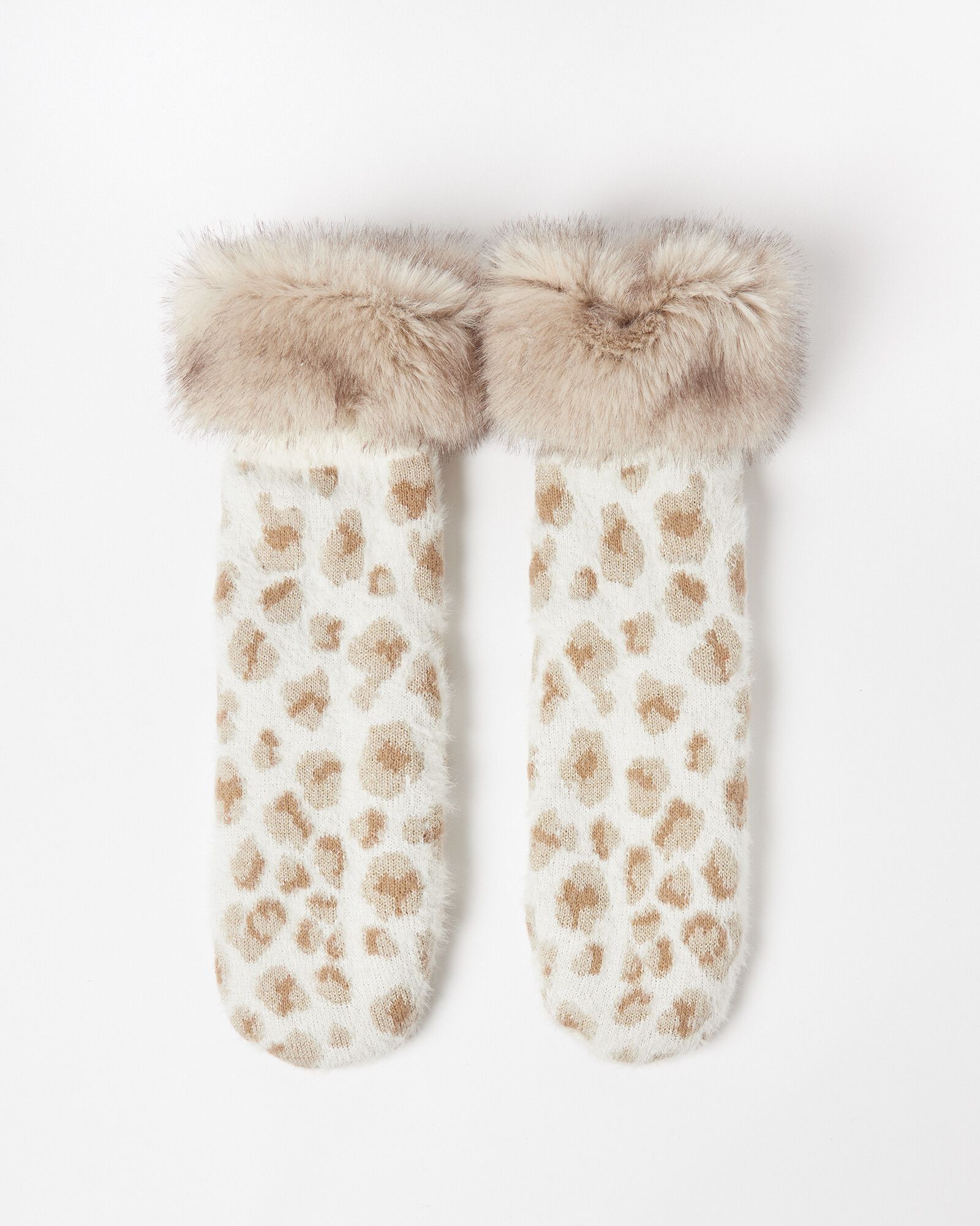 Faux Fur Animal Print Cream & Gold Slipper Socks | Oliver Bonas