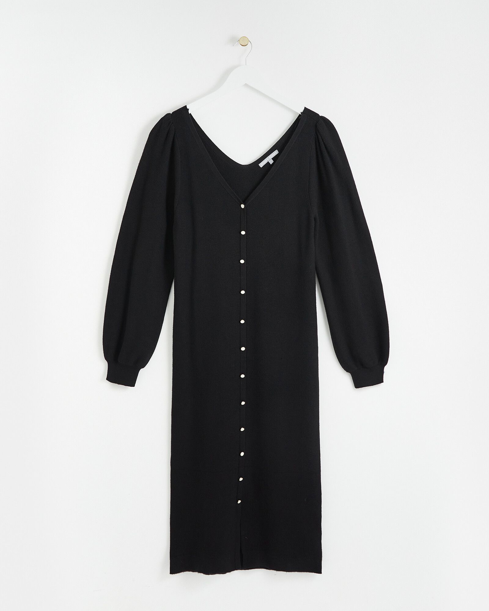 Button Through Black Knitted Midi Dress | Oliver Bonas