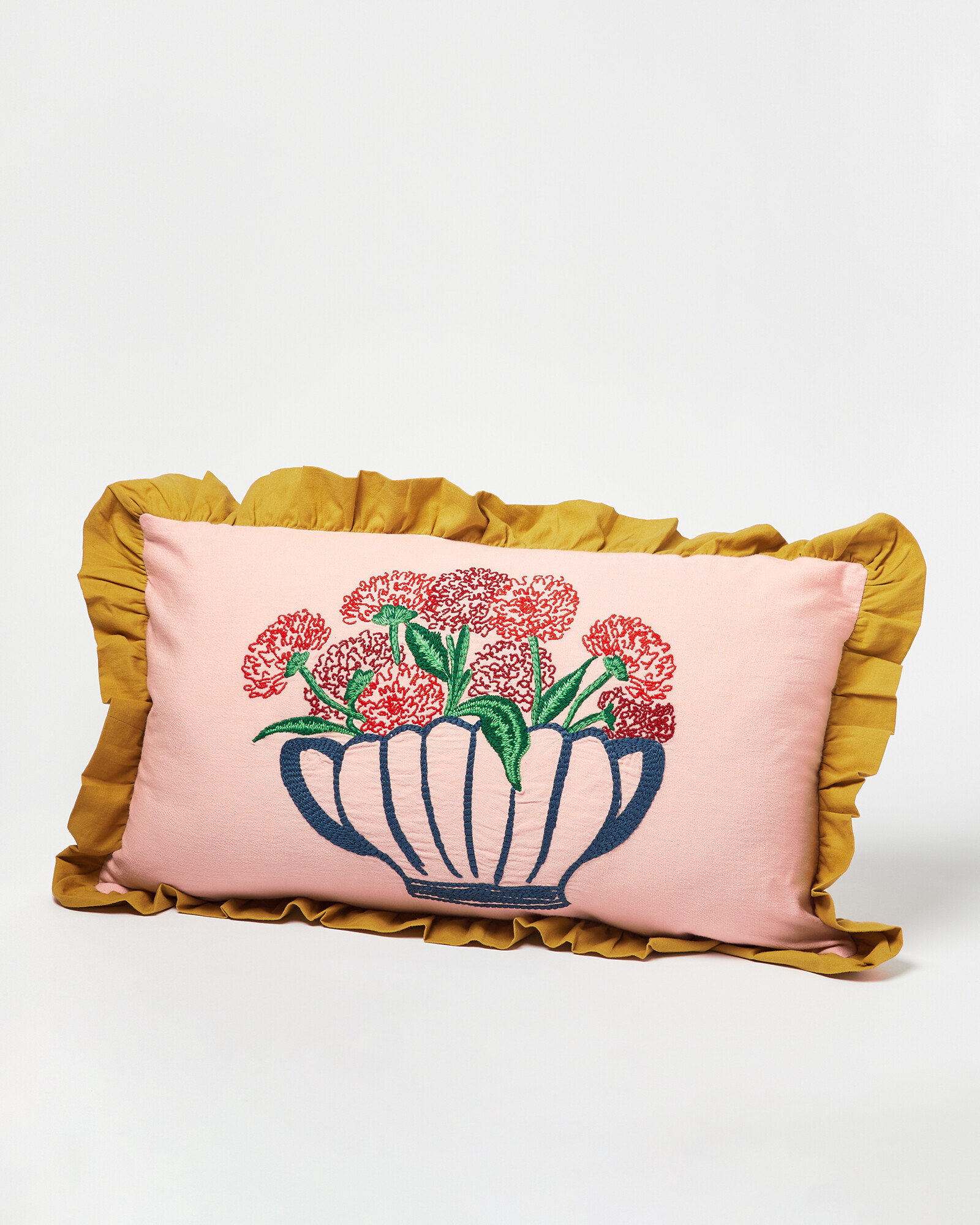 Embroidered Frill Pink Cotton Flower Cushion Cover Oliver Bonas