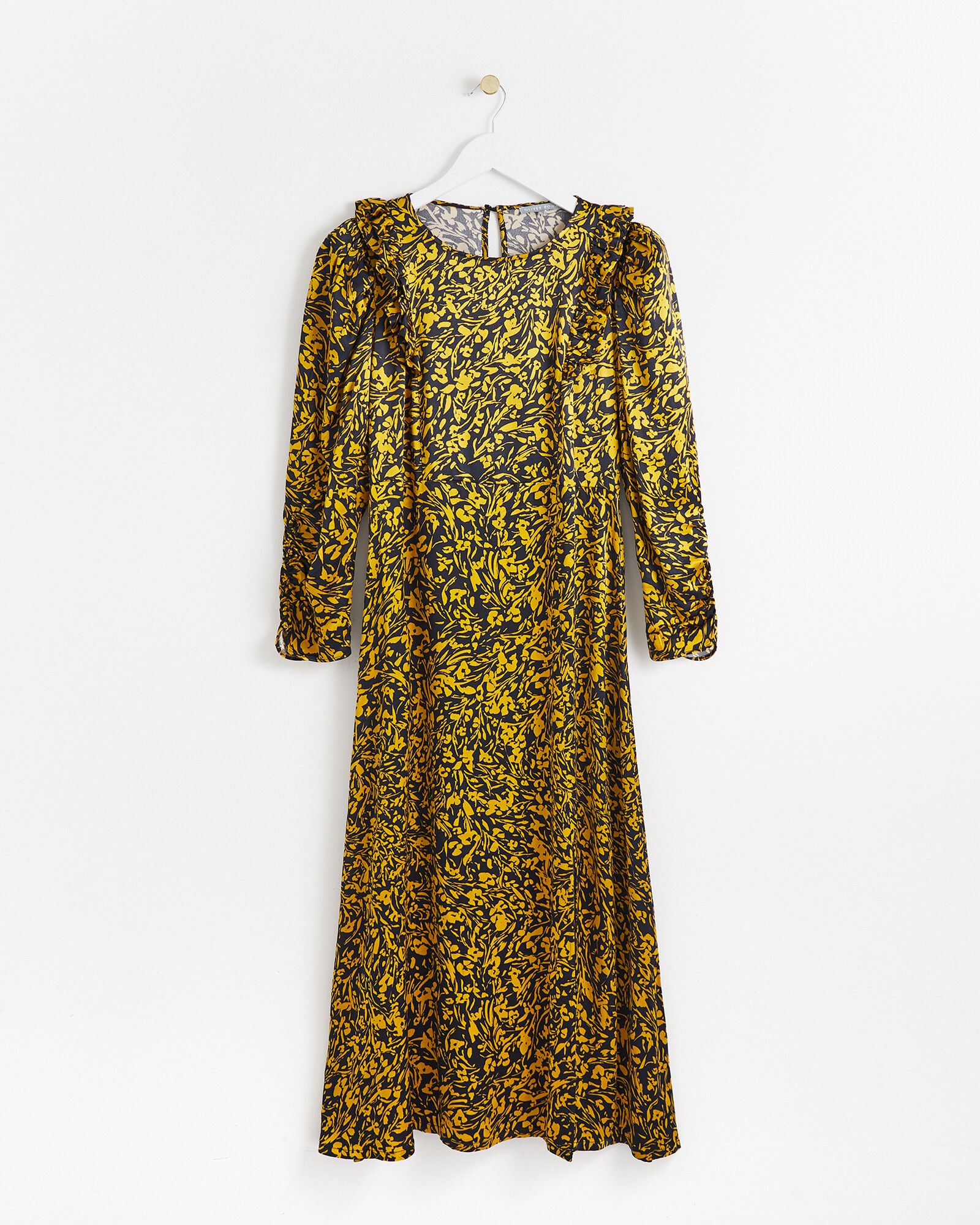 Brushed Animal Print Ochre Yellow Midi Dress | Oliver Bonas