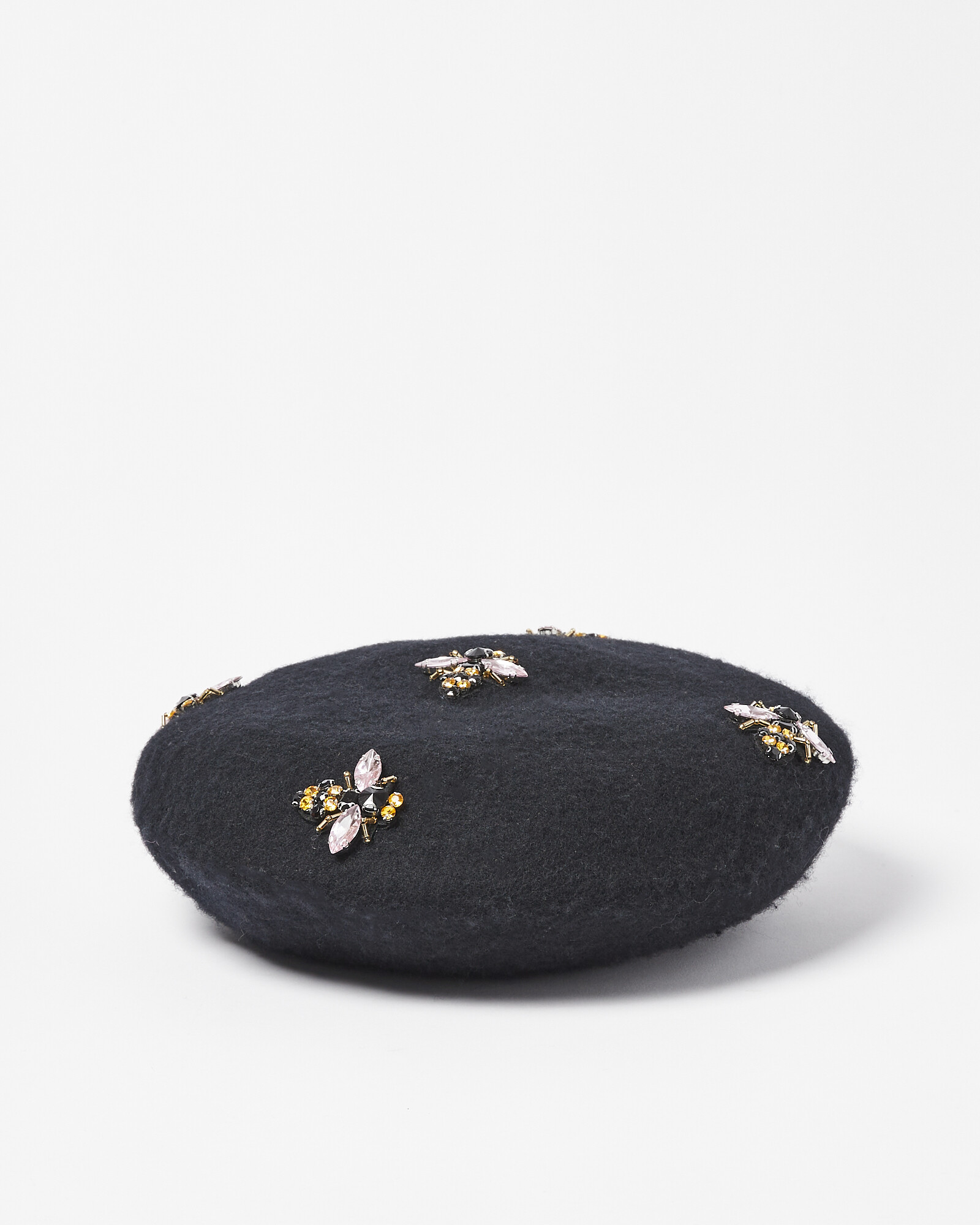 Embellished Bee Black Beret Hat Oliver Bonas