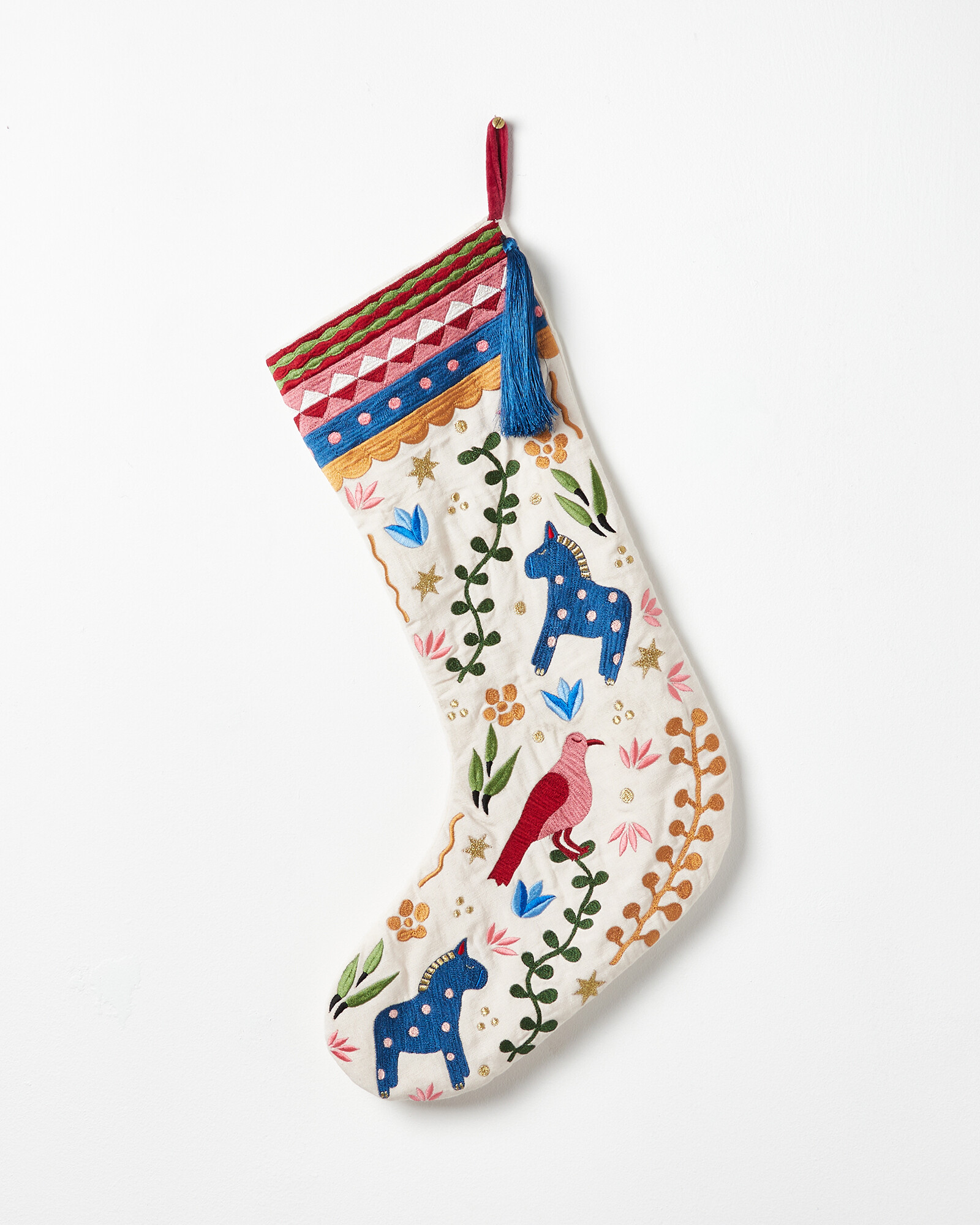 Embroidered White Fabric Christmas Stocking Oliver Bonas