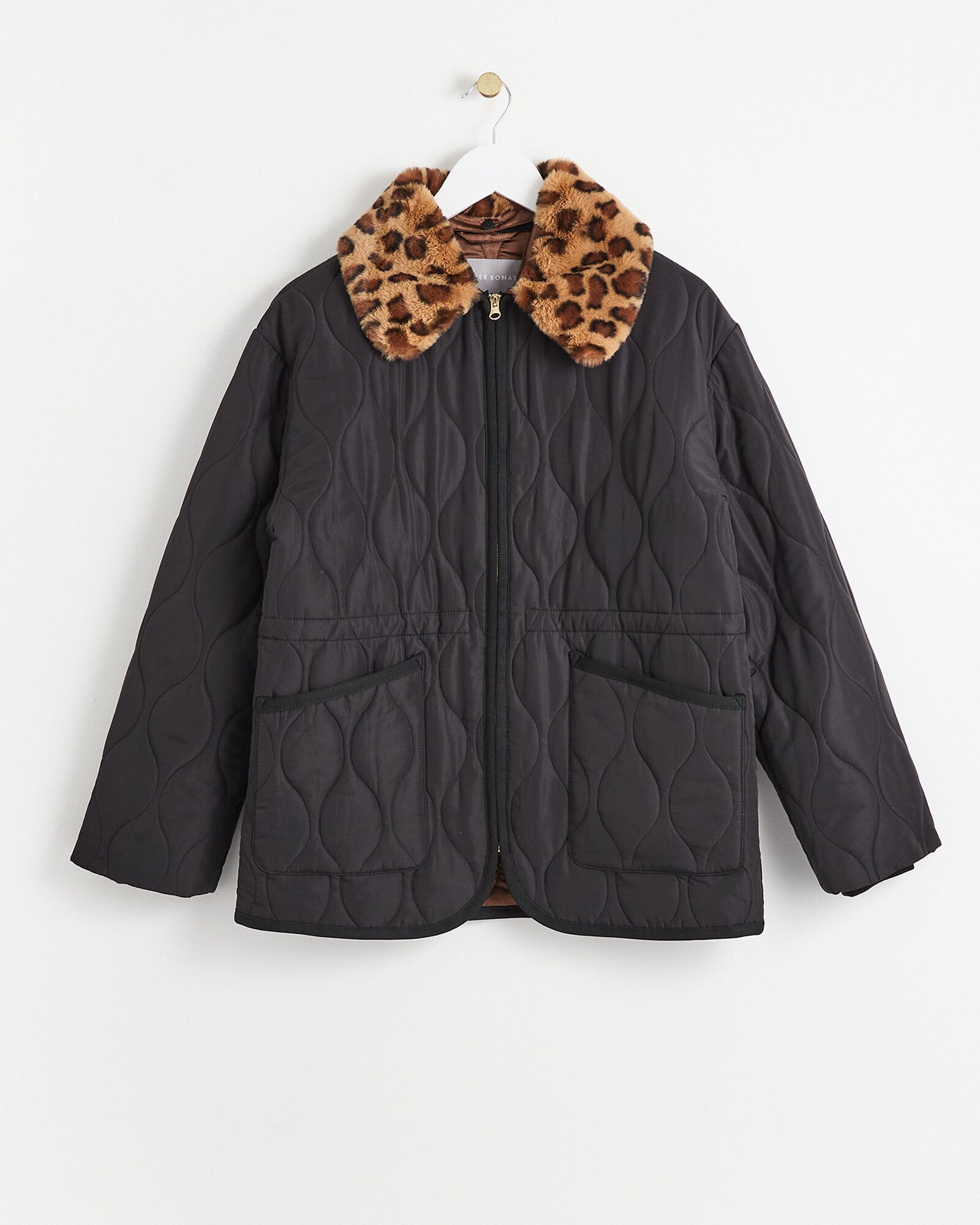 Animal Print Faux Fur Collar Black Quilted Jacket | Oliver Bonas