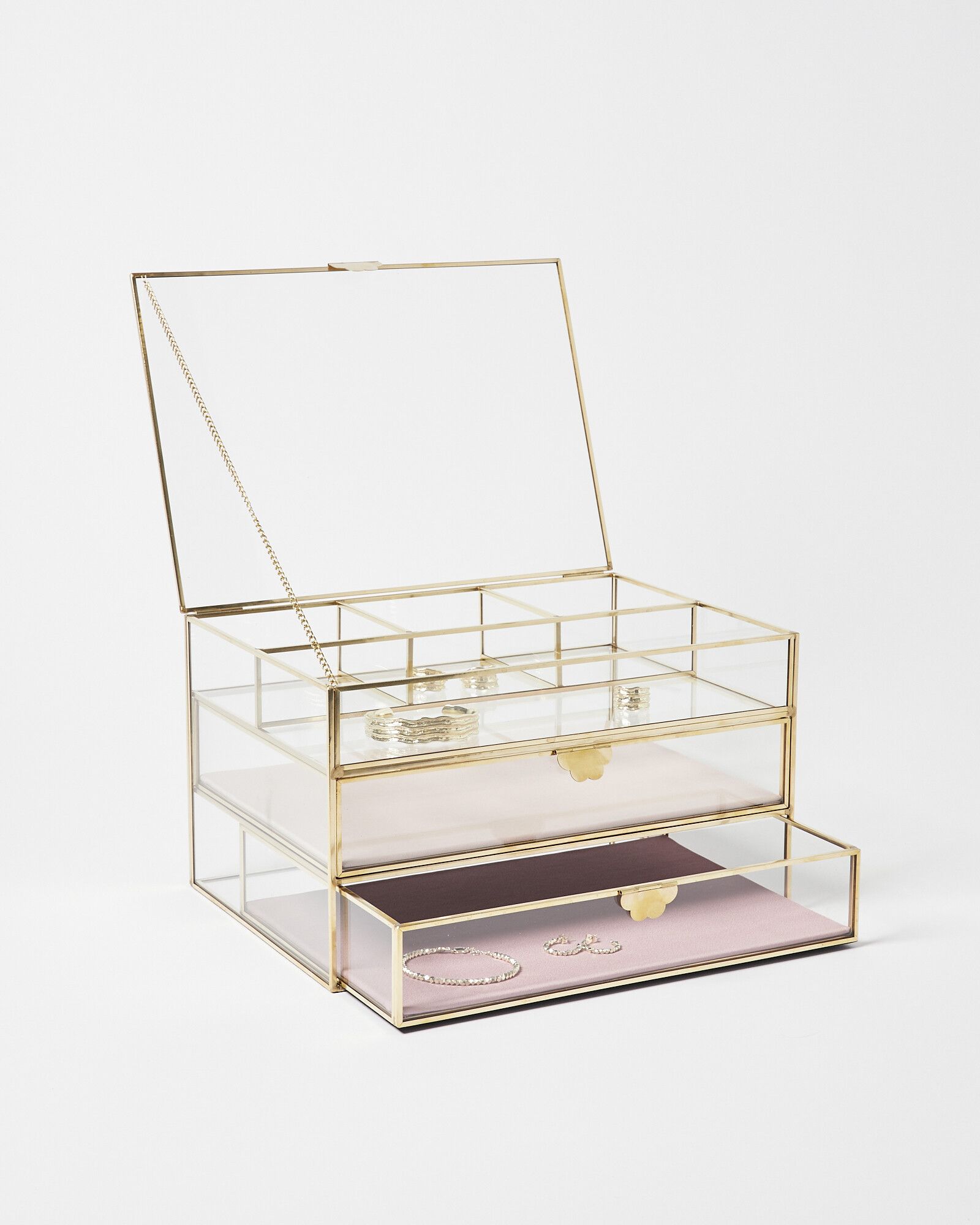 Gold & Glass Pink Satin Two Tier Jewellery Box | Oliver Bonas