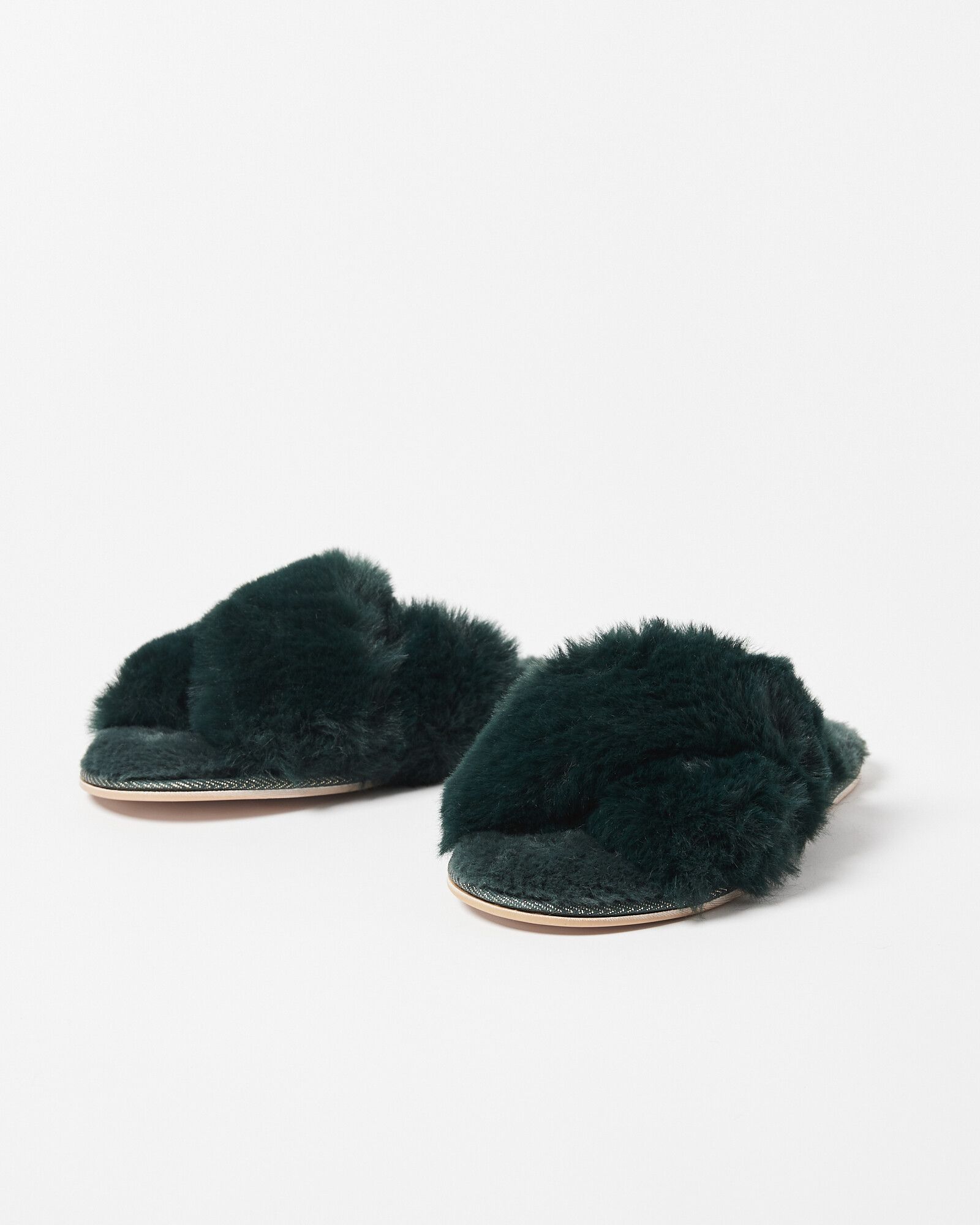Cross Over Strap Green Faux Fur Slippers | Oliver Bonas