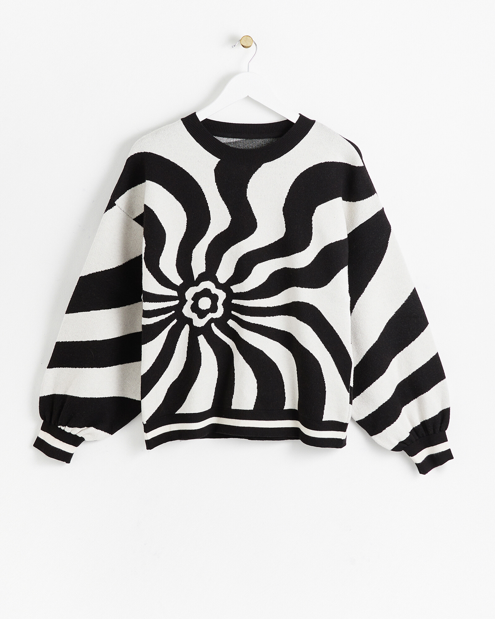 Mono Wavy Pattern Black & White Knitted Jumper Oliver Bonas