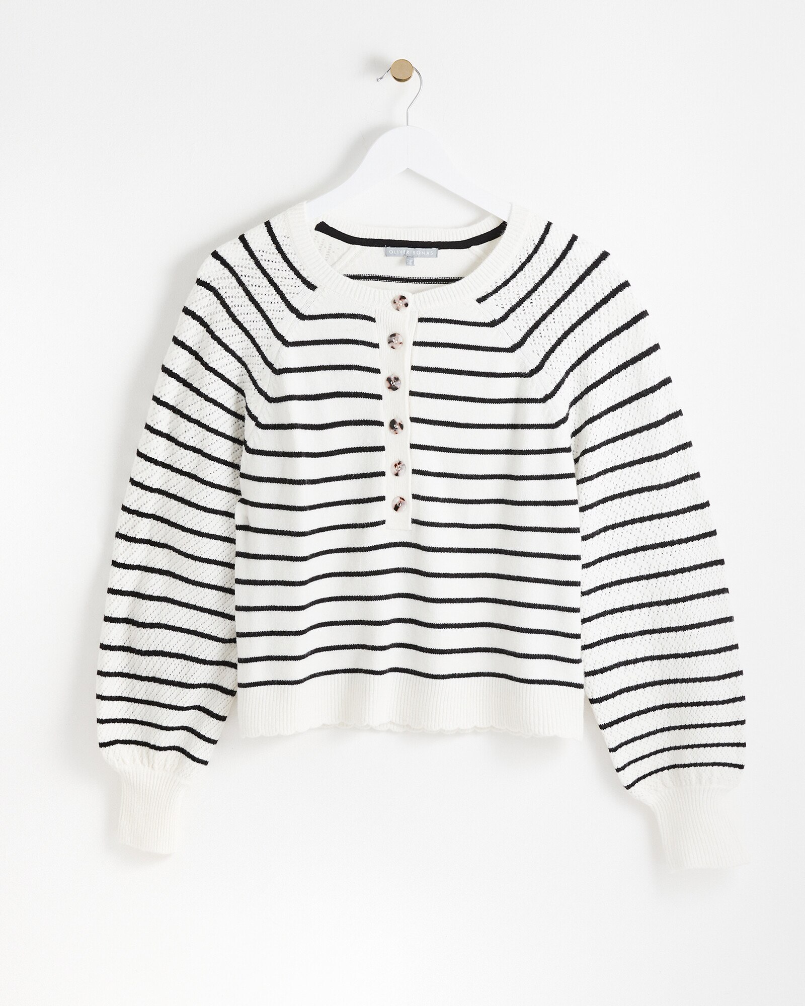 Breton Stripe Button White Knitted Jumper | Oliver Bonas