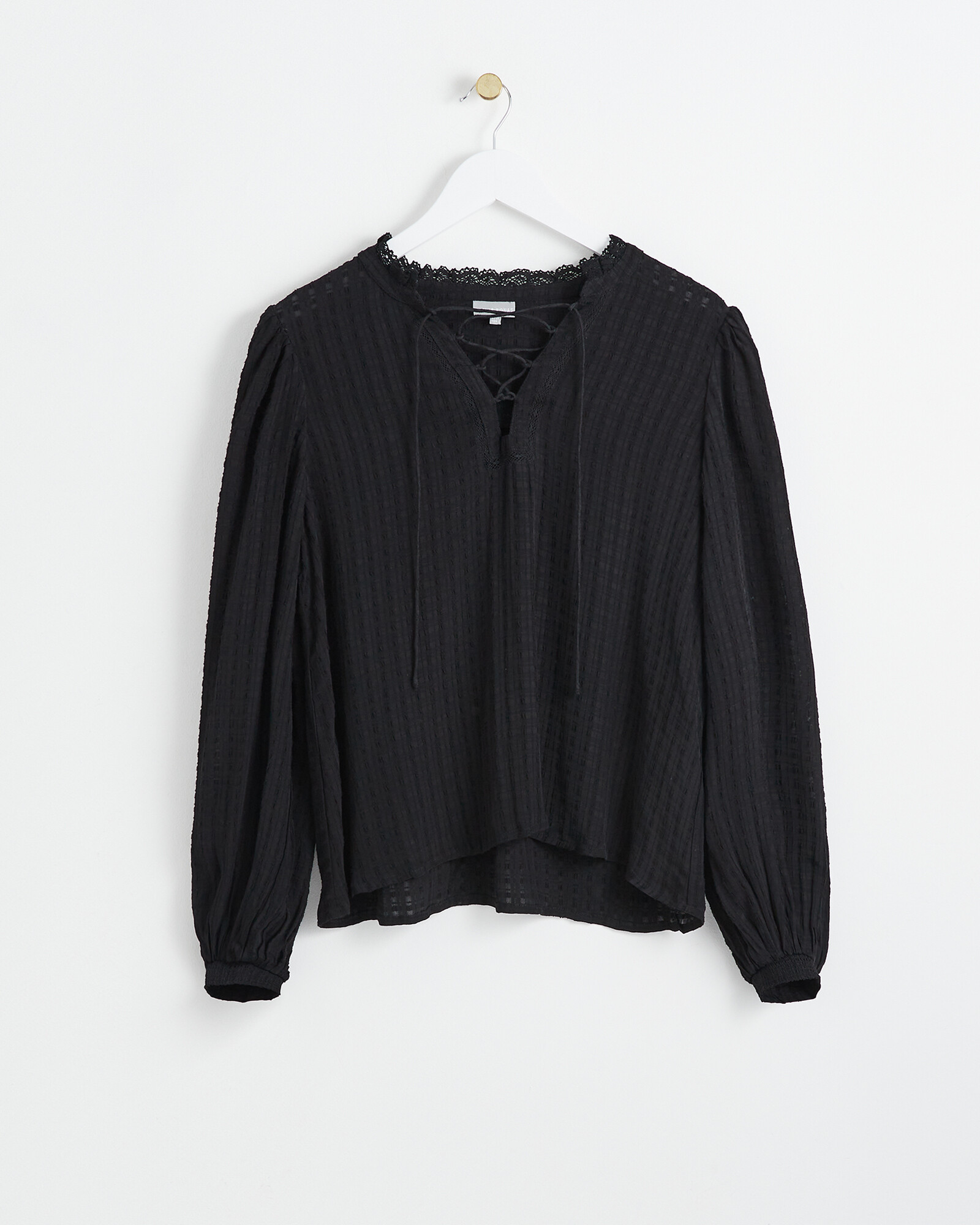 Lace Up Long Sleeve Black Blouse Oliver Bonas