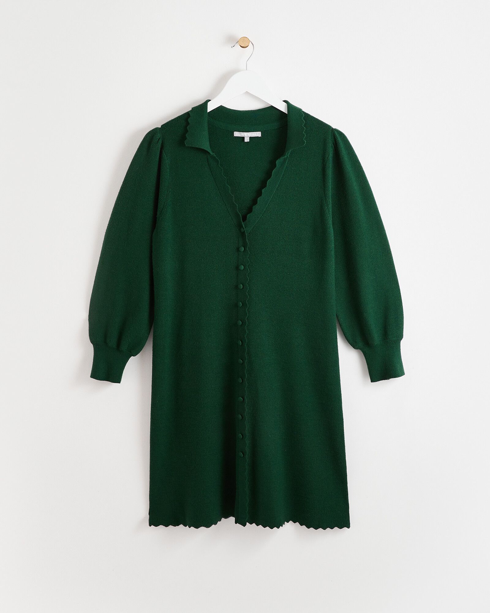 Scallop Edge Button Through Green Knitted Mini Dress | Oliver Bonas
