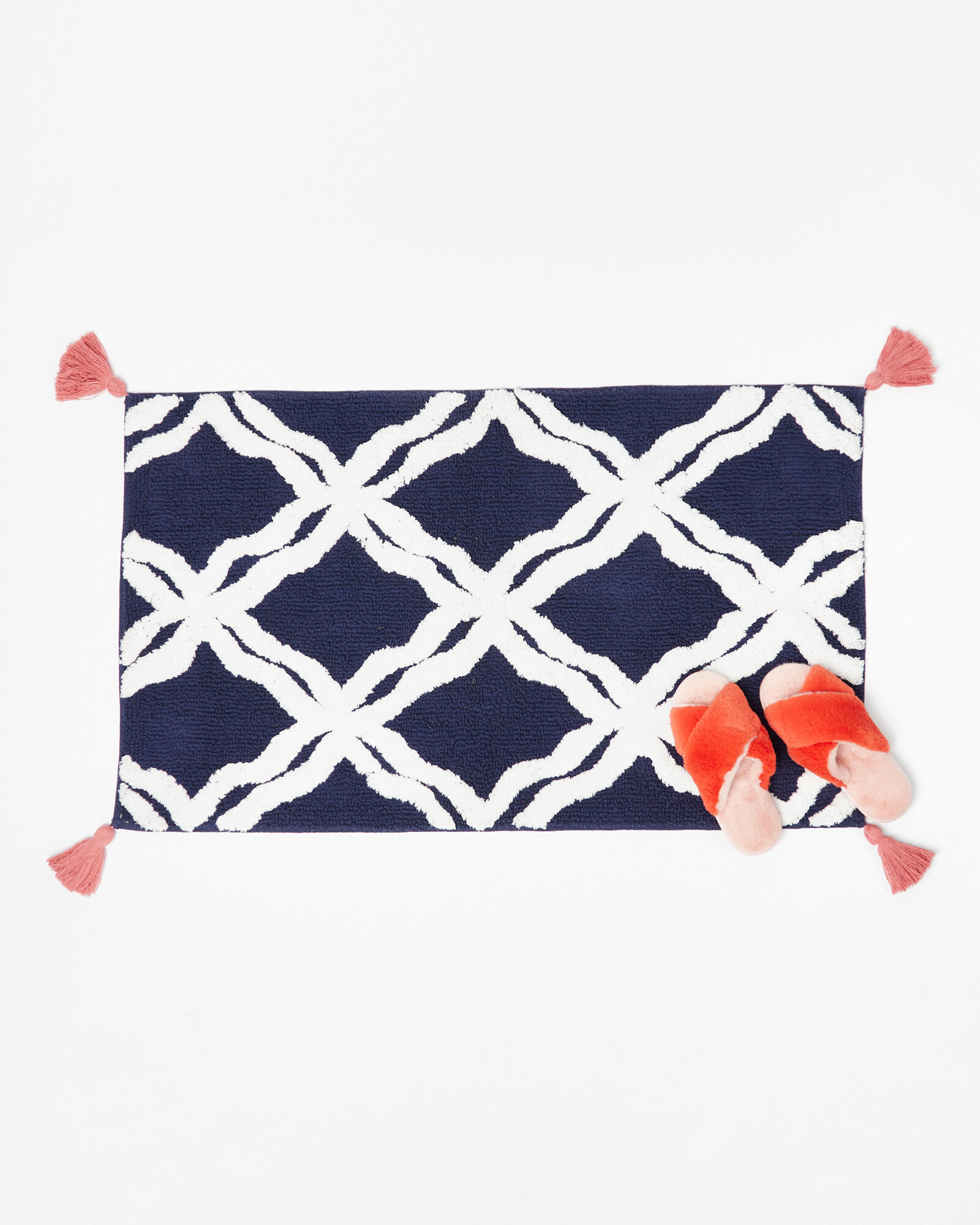 Diamond Blue & White Cotton Bath Mat Large Oliver Bonas