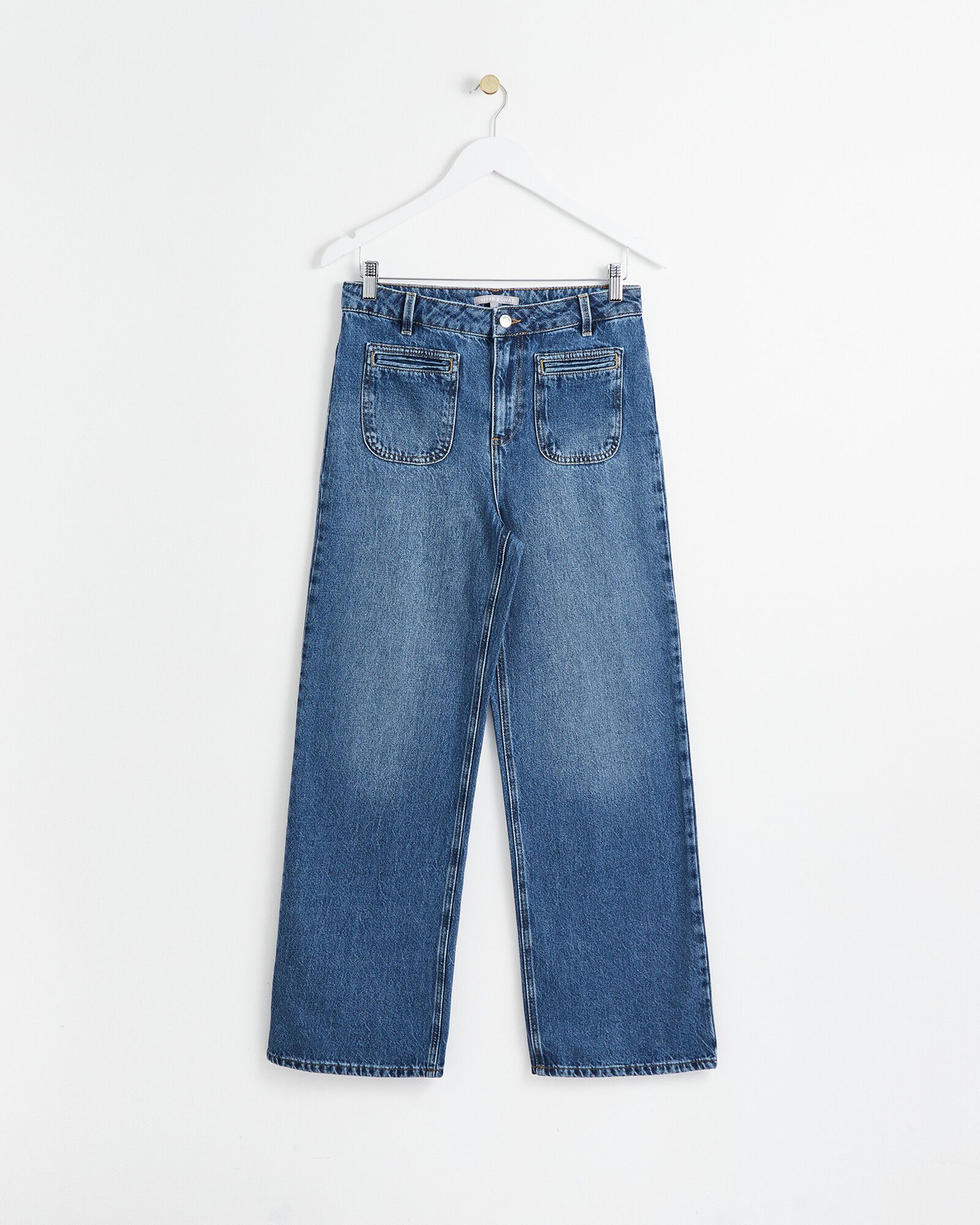 Wide Leg Full Length Dark Midwash Blue Cotton Denim Jeans | Oliver Bonas