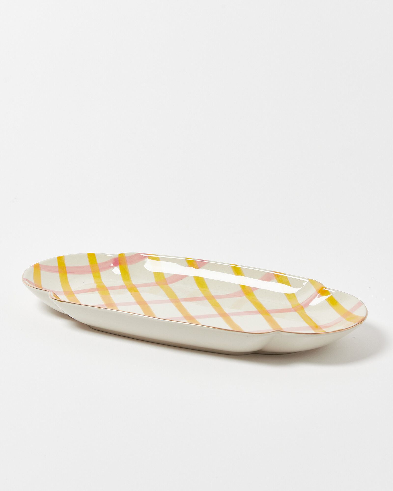 Mae Check Pink & Yellow Ceramic Platter Large | Oliver Bonas
