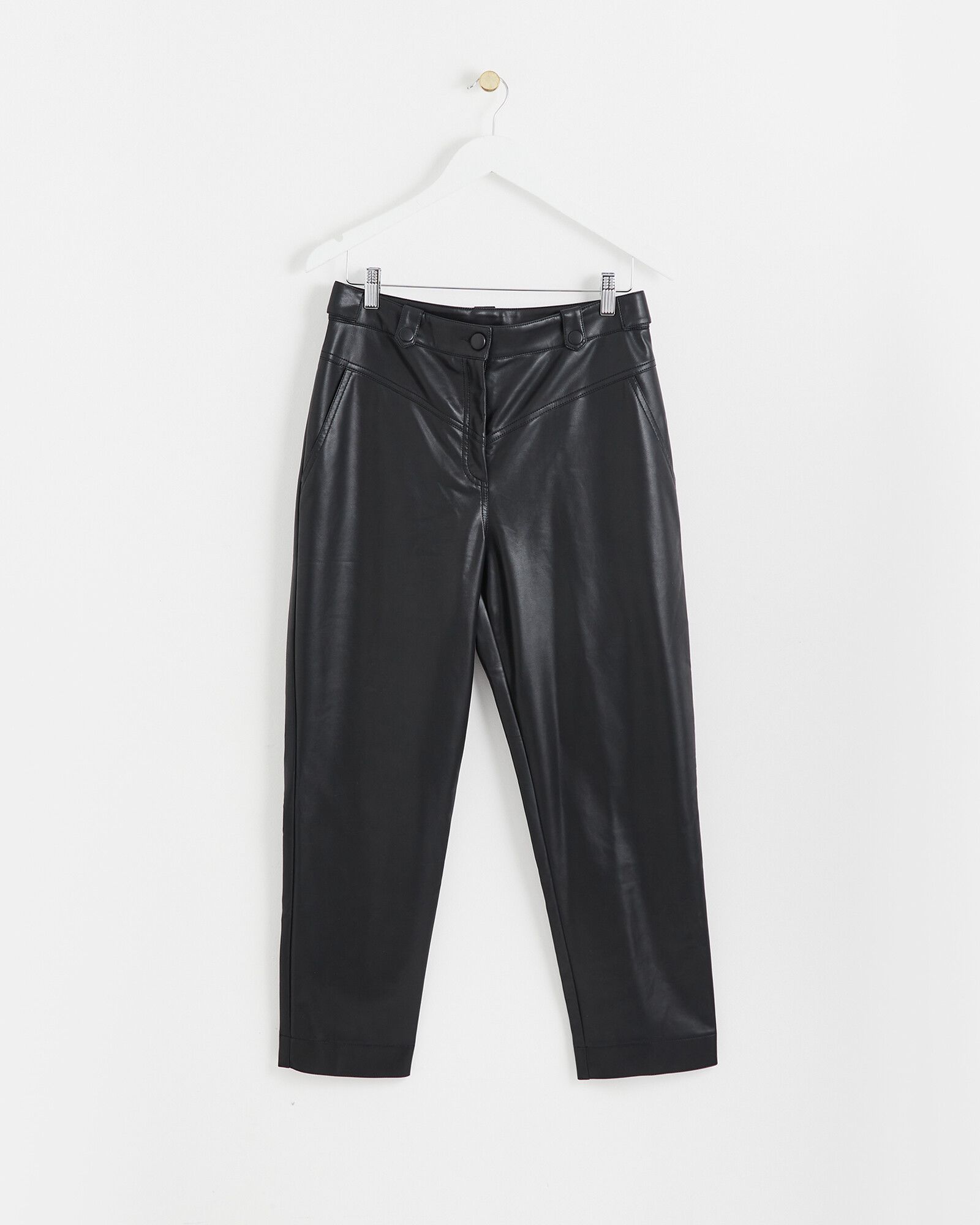 Straight Leg Black PU Cropped Trousers | Oliver Bonas