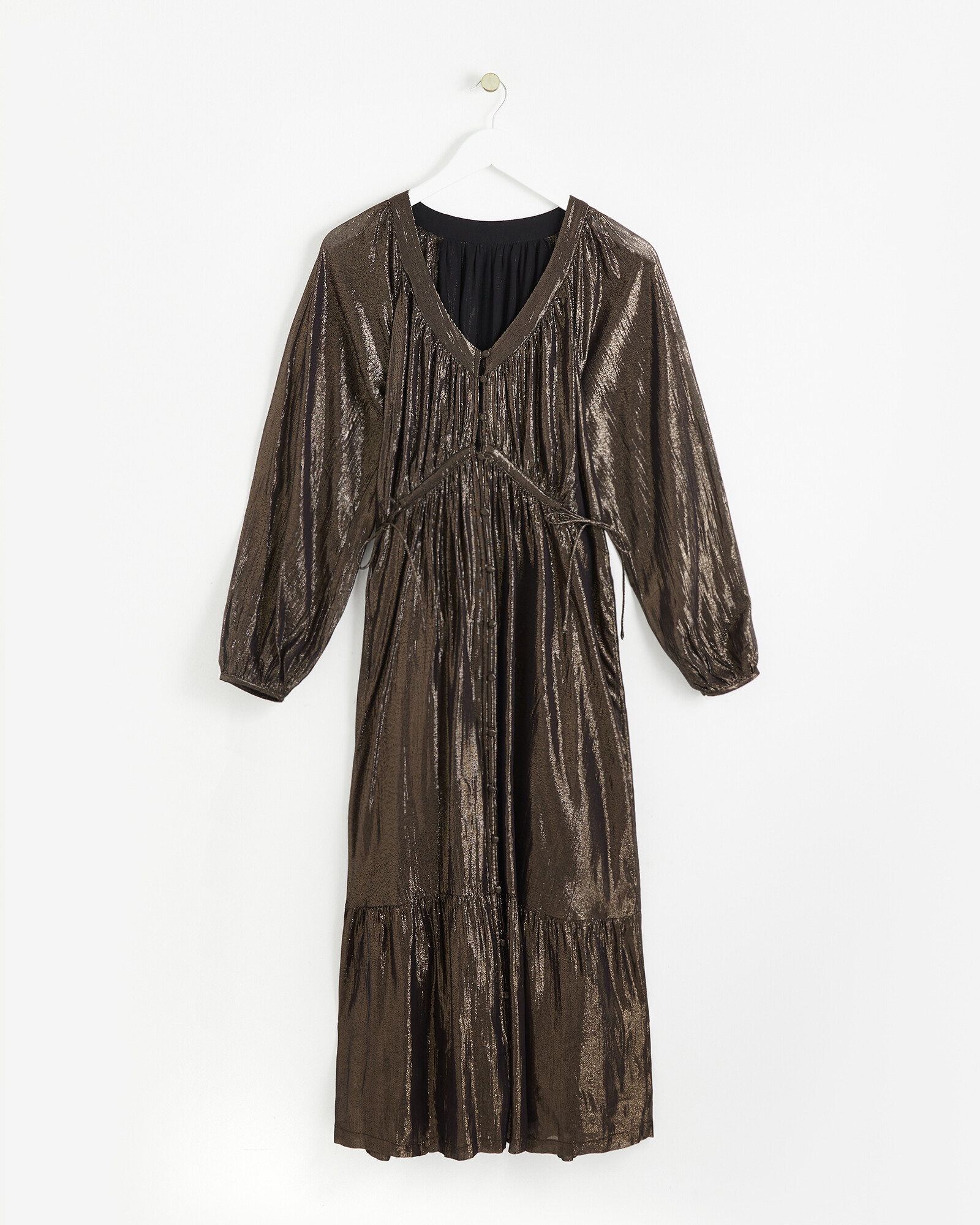 Metallic VNeck Tie Side Bronze Midi Dress Oliver Bonas