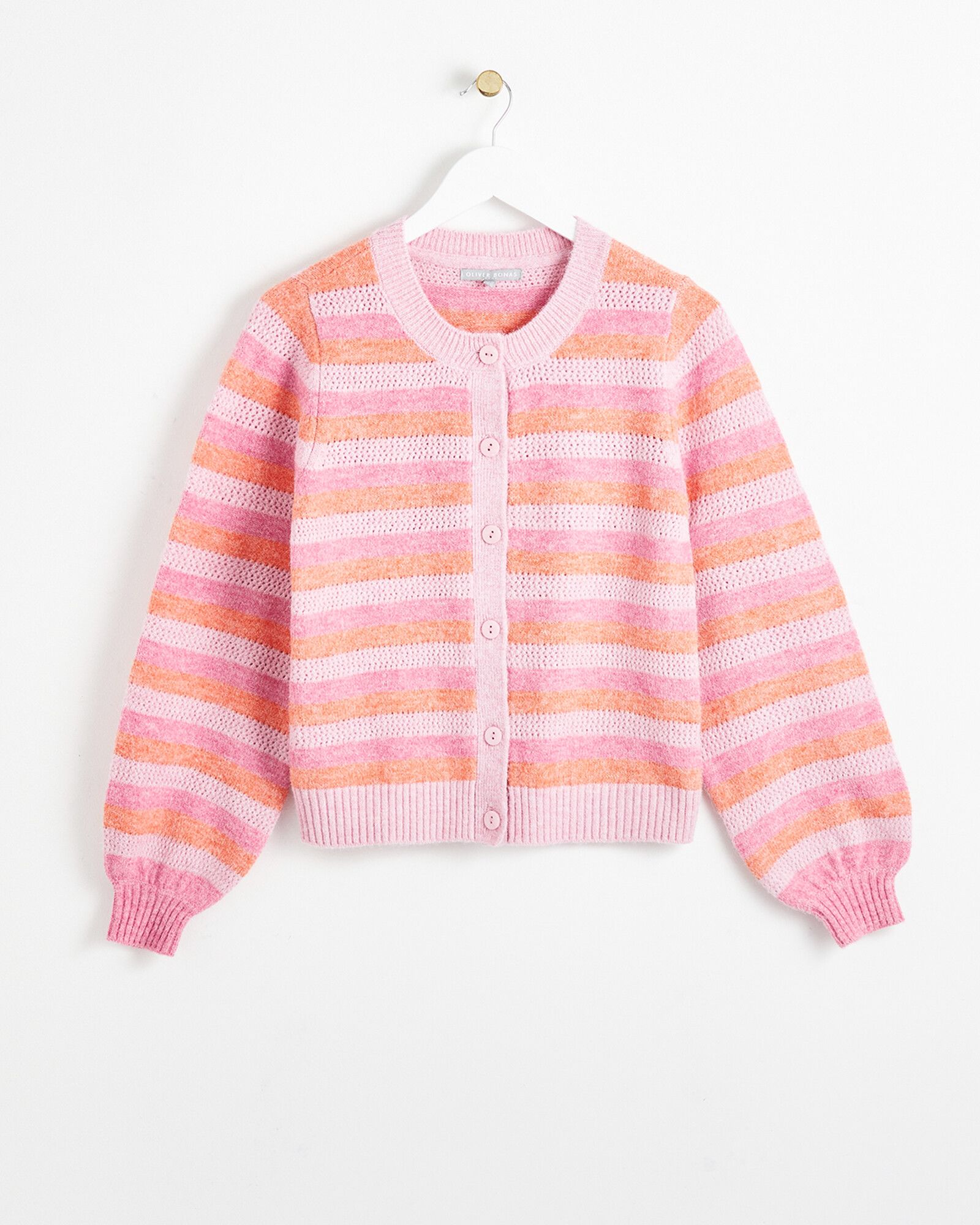 Stripe Crew Neck Pink Knitted Cardigan | Oliver Bonas