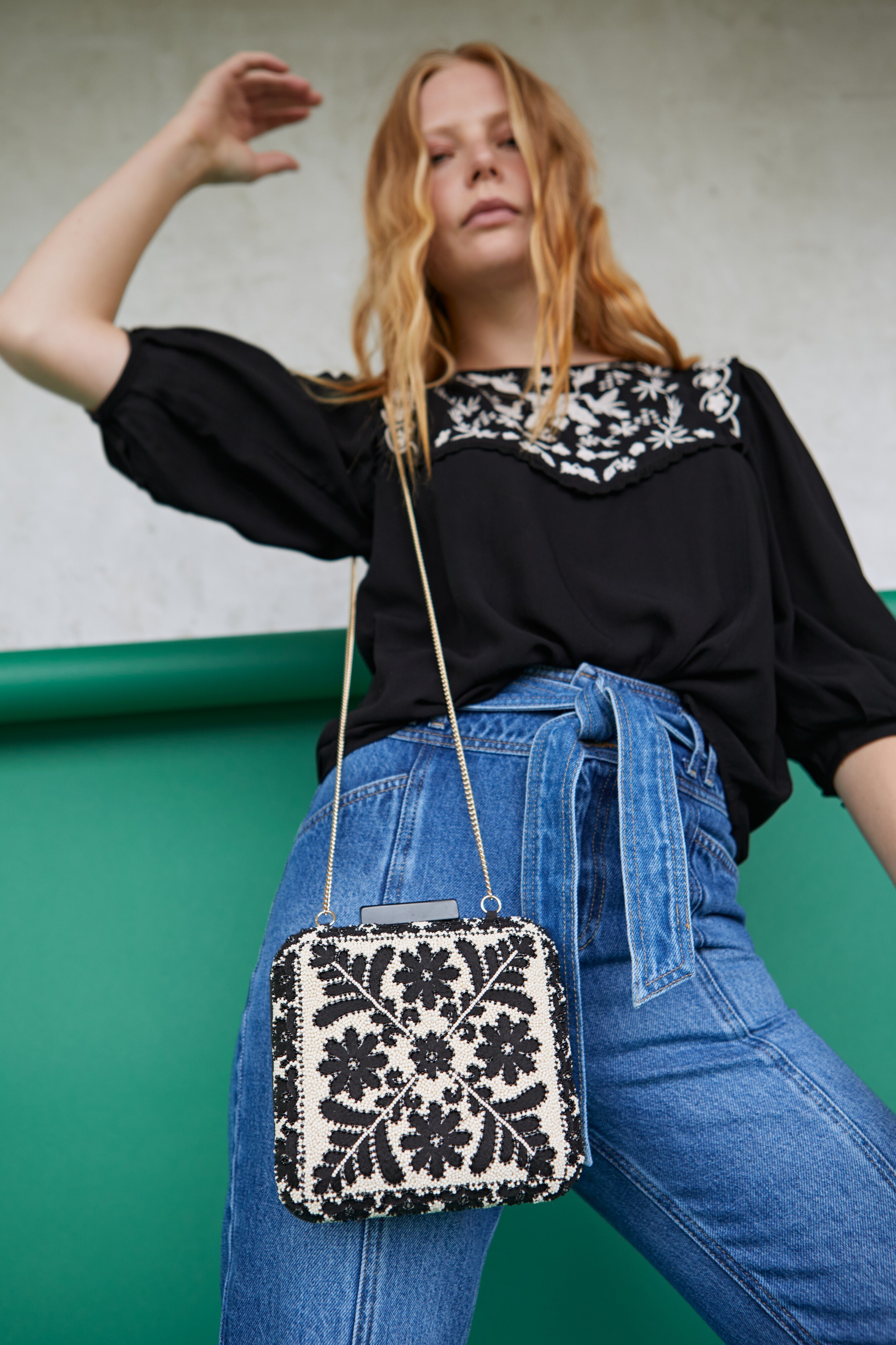 60's Floral Beaded Black Clutch Bag Oliver Bonas