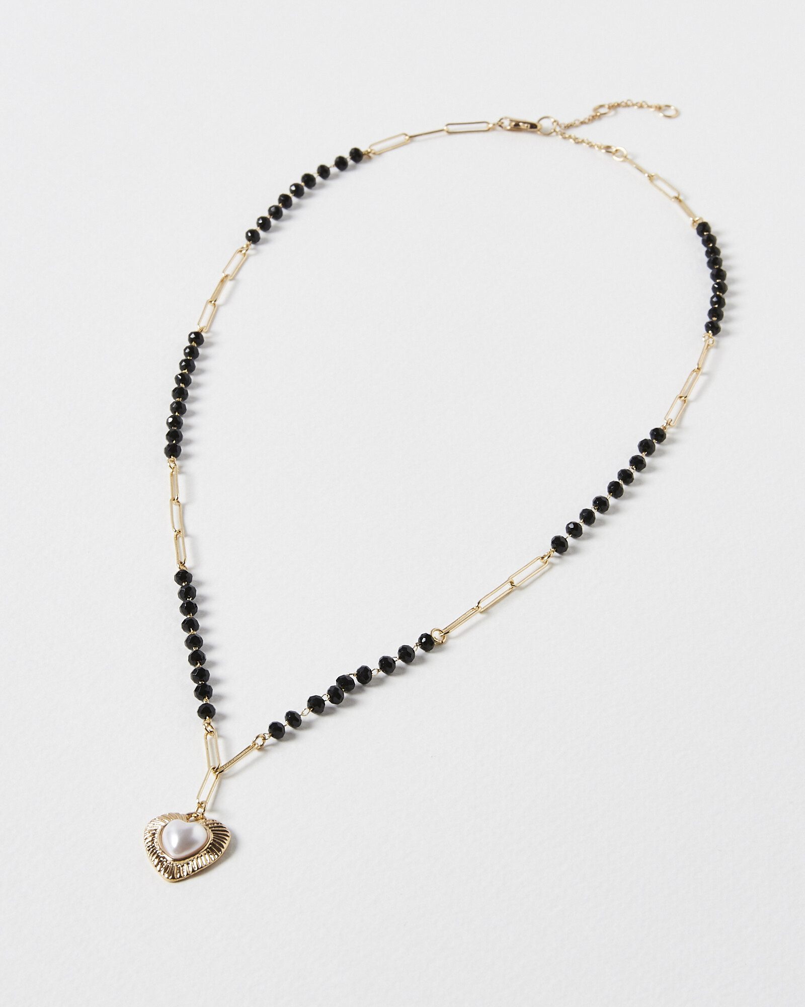 Faith Faux Pearl Heart Drop & Black Beaded Chain Necklace Oliver Bonas