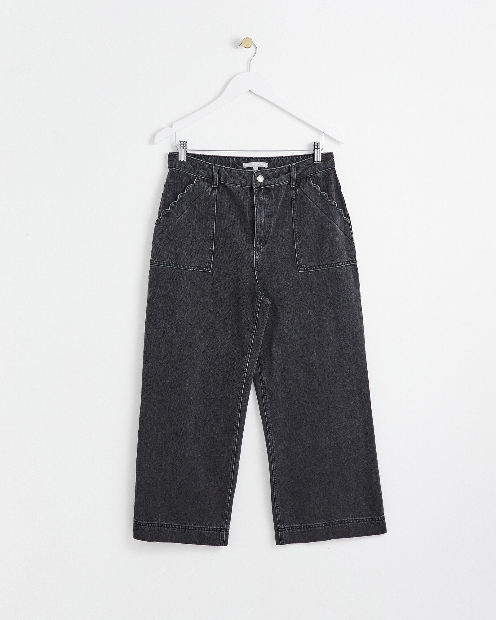 Scallop Pocket Black Cotton Denim Cropped Jeans | Oliver Bonas