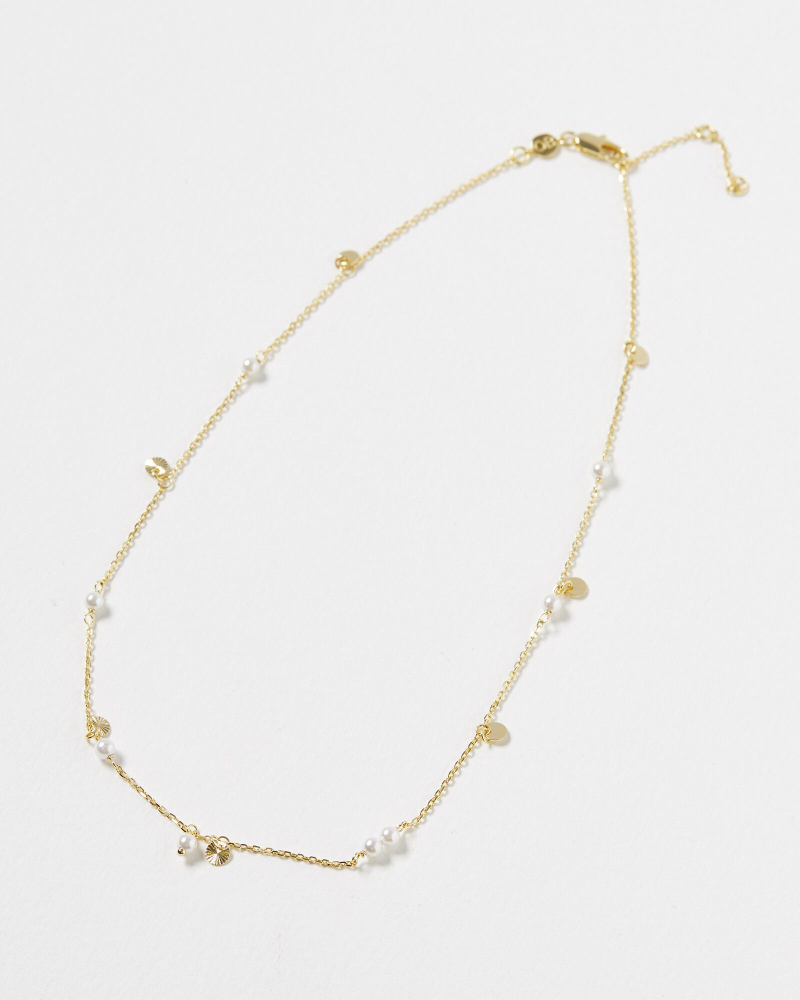 Desi Engraved Disc & Pearl Charm Gold Plated Chain Necklace | Oliver Bonas