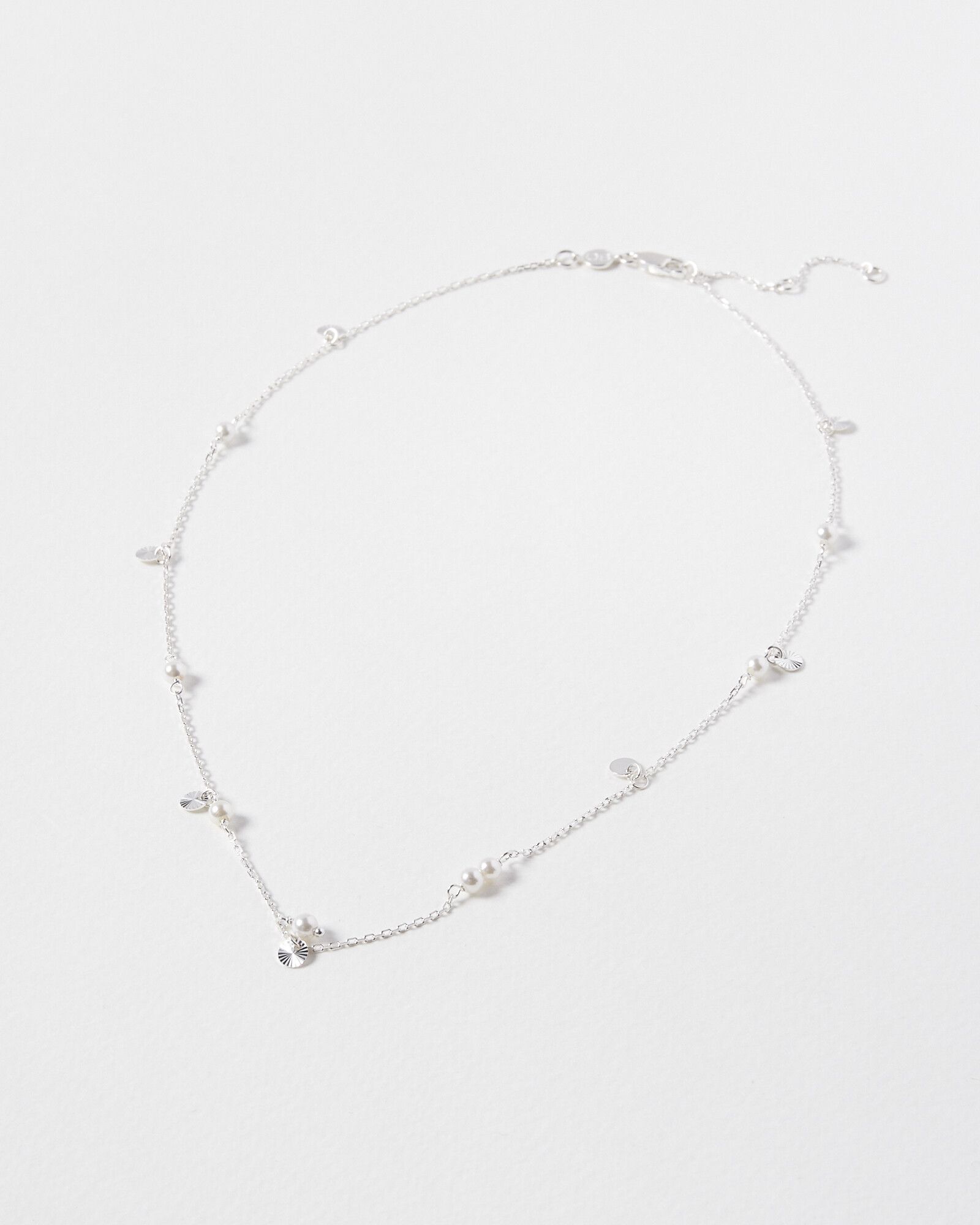 Dixie Engraved Disc & Pearl Charm Silver Necklace | Oliver Bonas