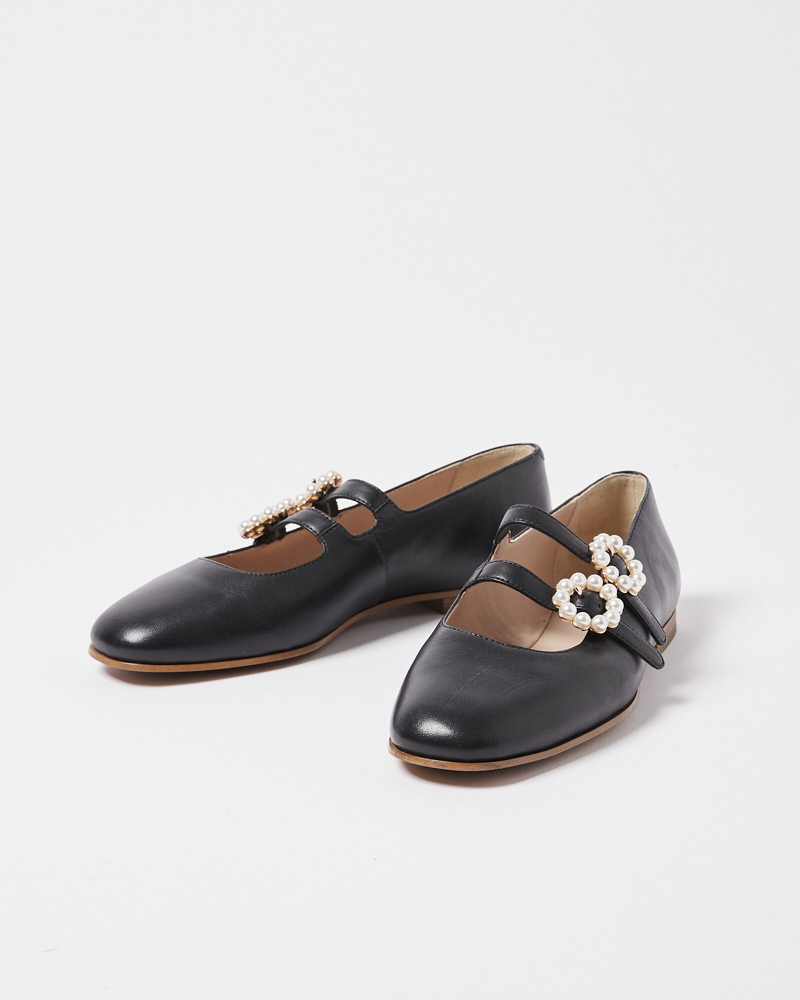 Mary Jane Pearl Buckle Black Leather Shoes | Oliver Bonas