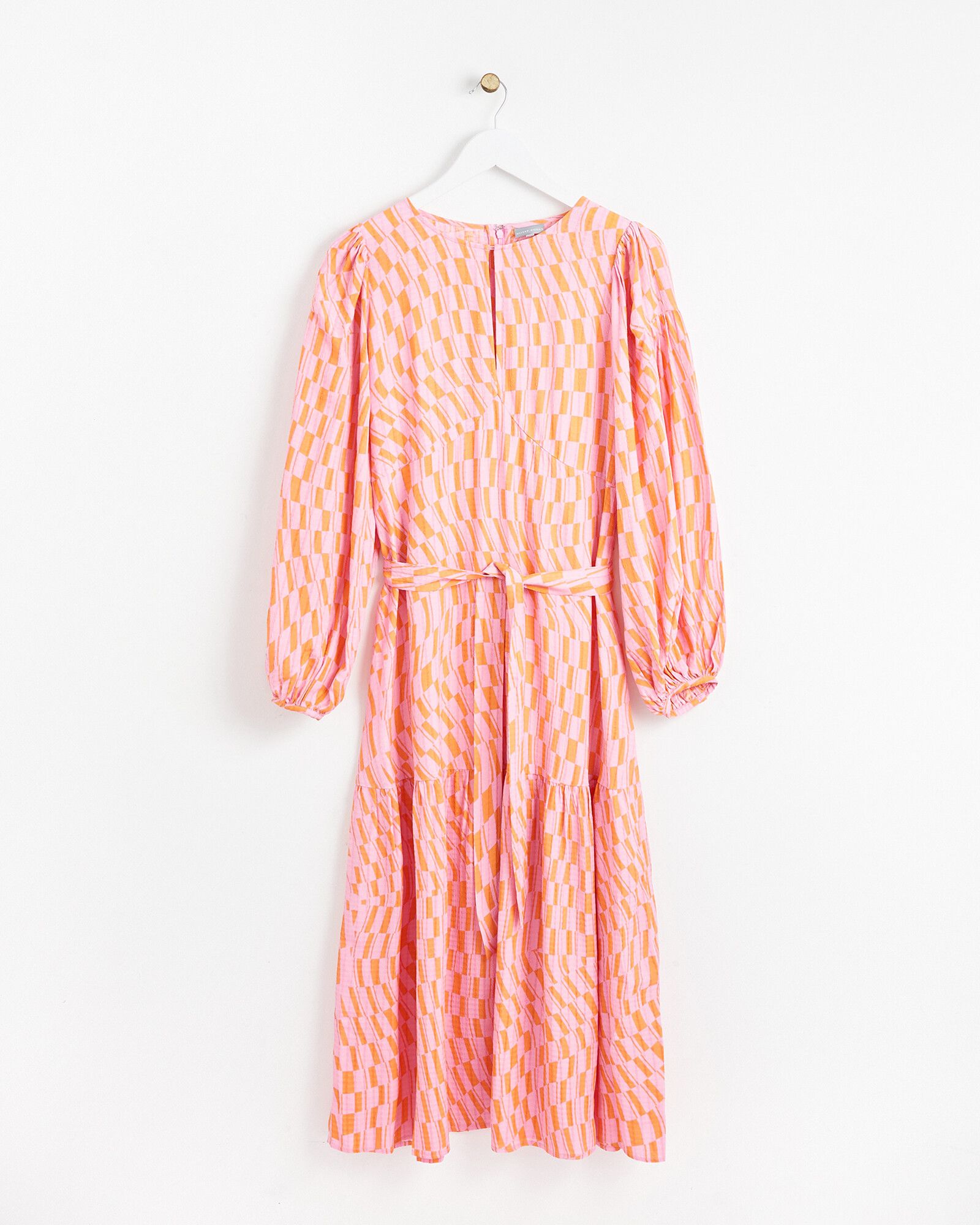 Geometric Print Pink & Orange Midi Dress | Oliver Bonas